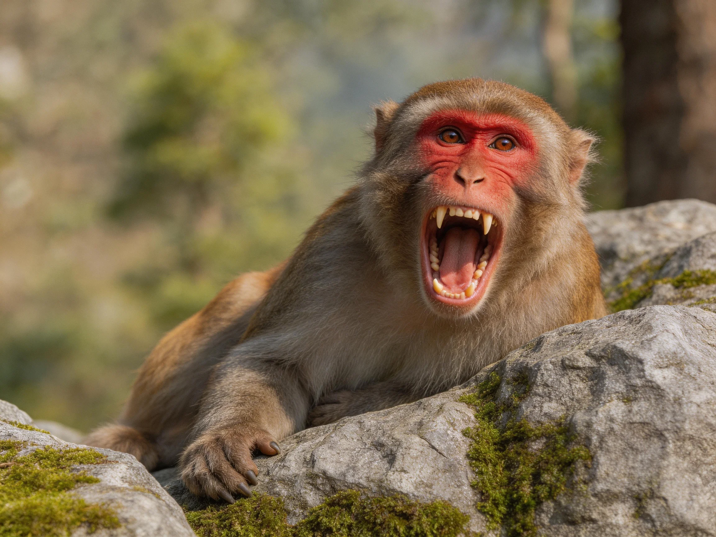 A rhesus monkey with red facial skin resting on mossy rocks