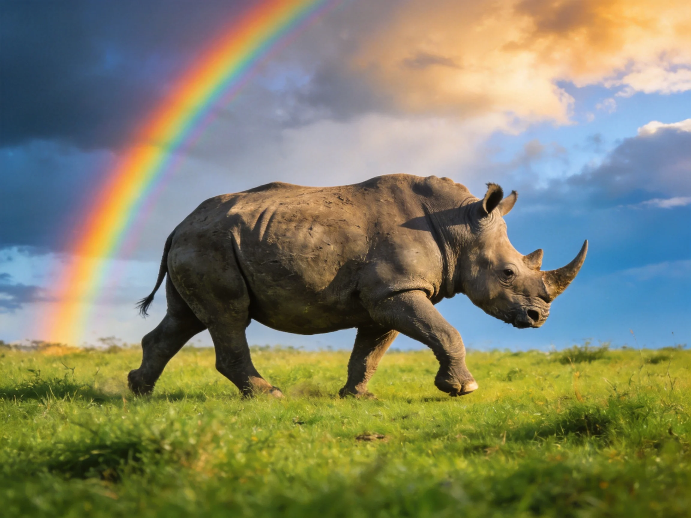 A rhino traverses lush green grass beneath a vivid rainbow arc.