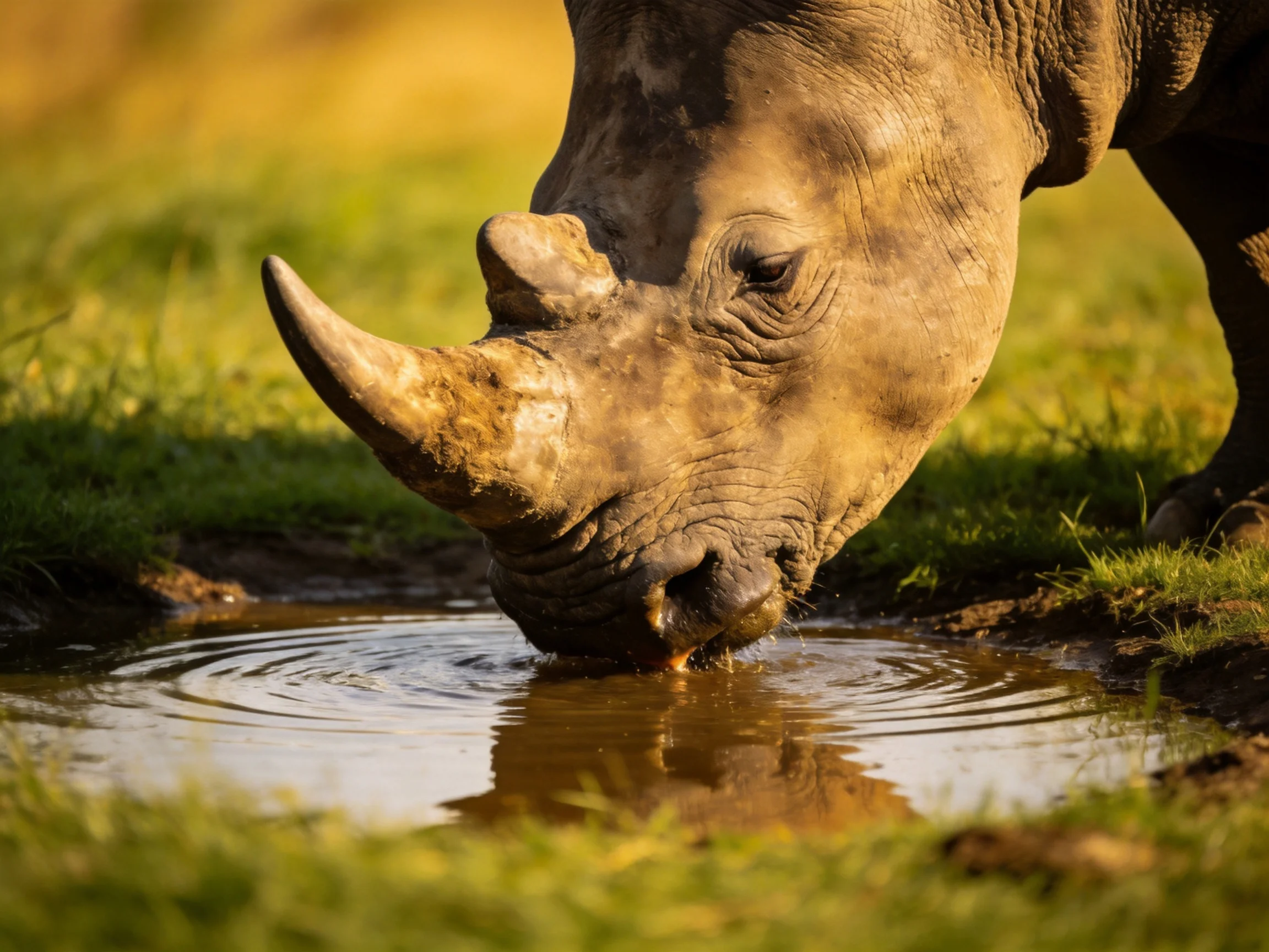 A rhinoceros drinks from a muddy waterhole in golden light