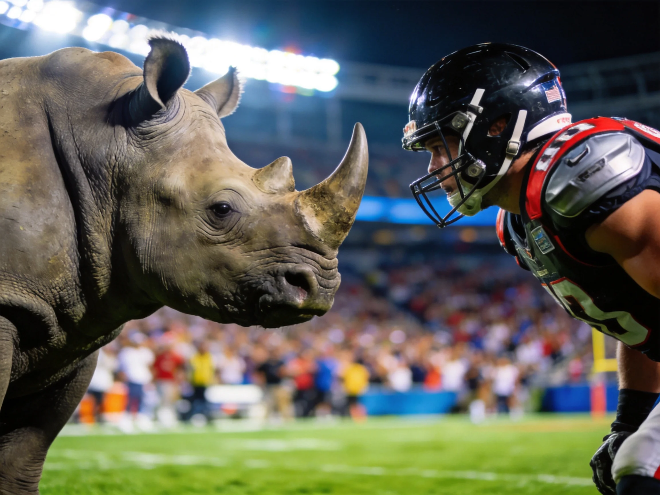 A rhinoceros faces a football player on a lit stadium field