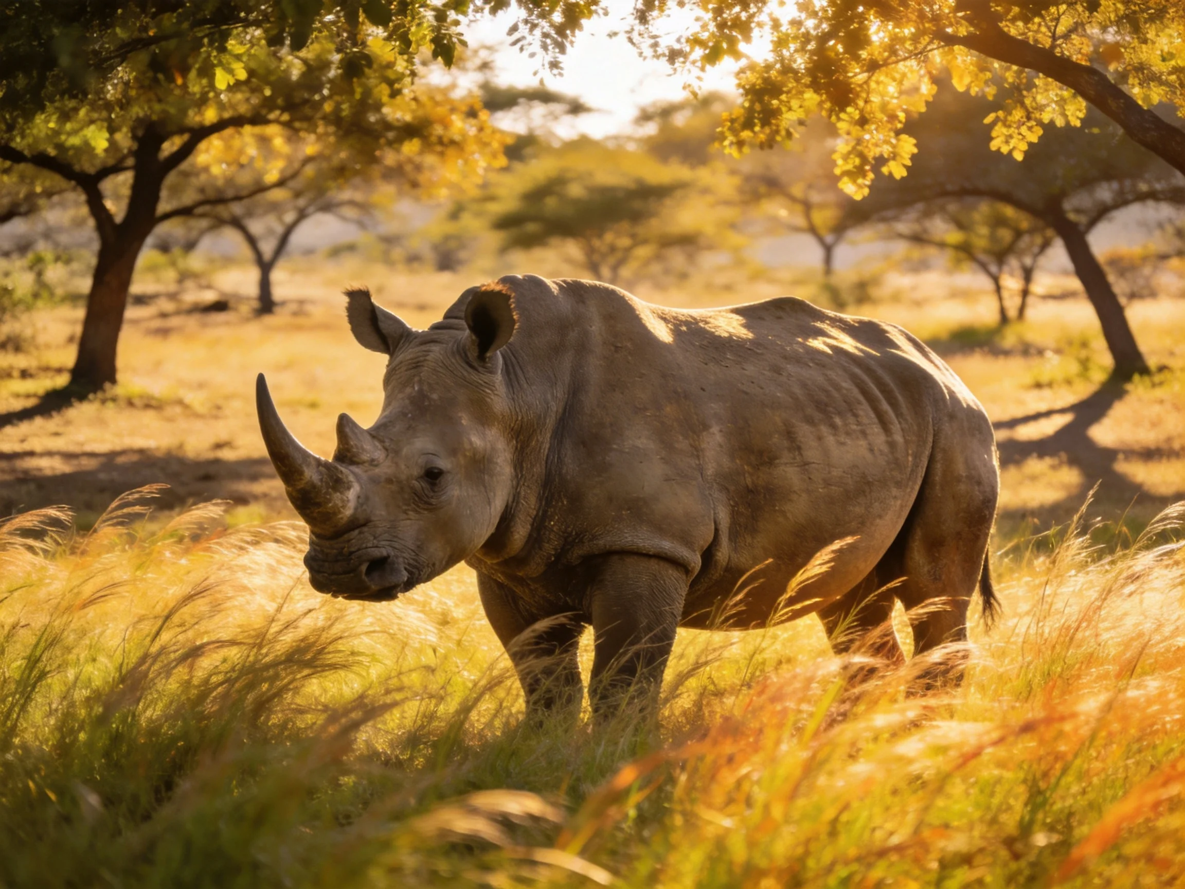 A rhinoceros in golden savannah grass near acacia trees
