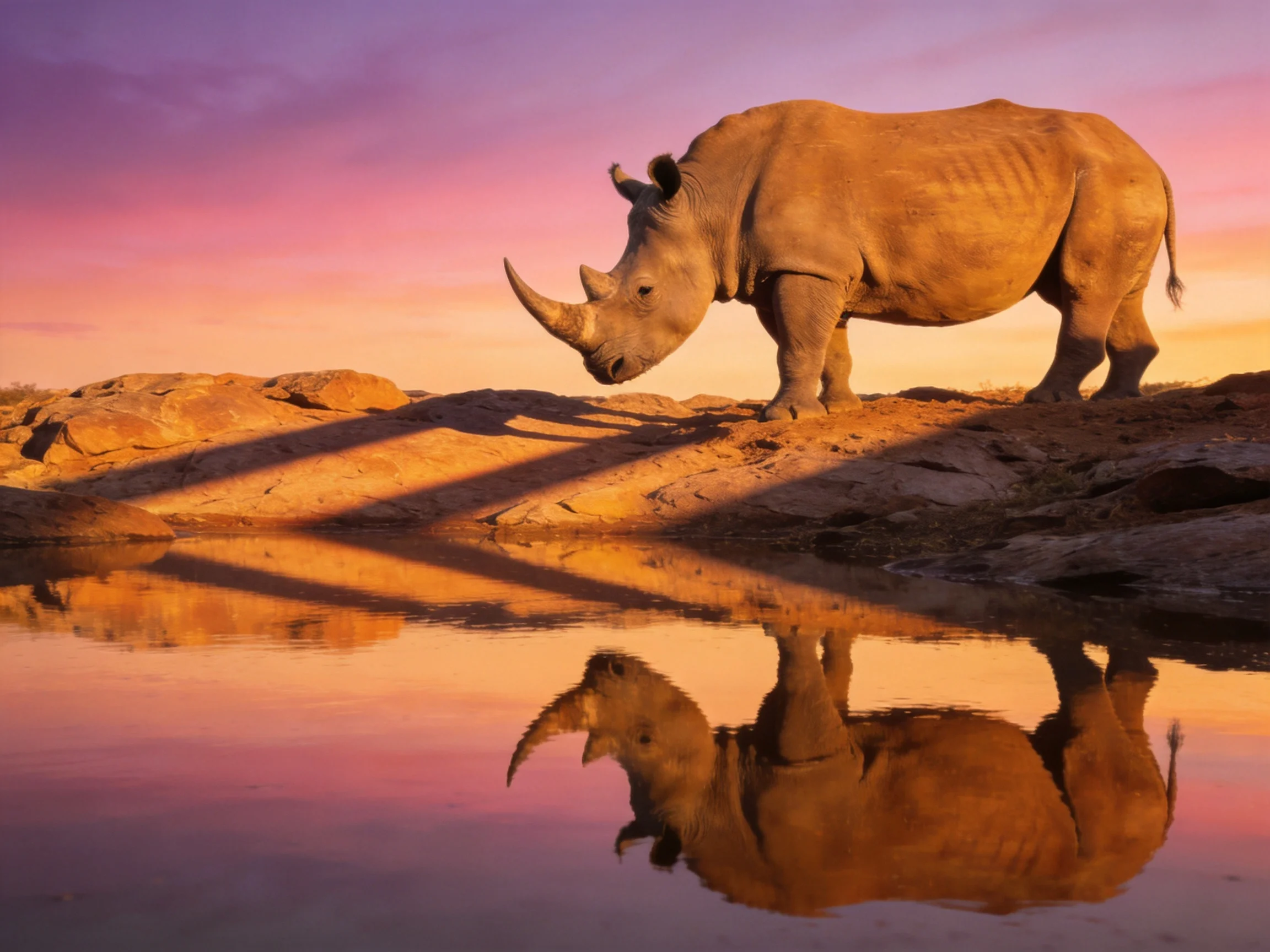 A rhinoceros reflects in water on rocky terrain at sunset