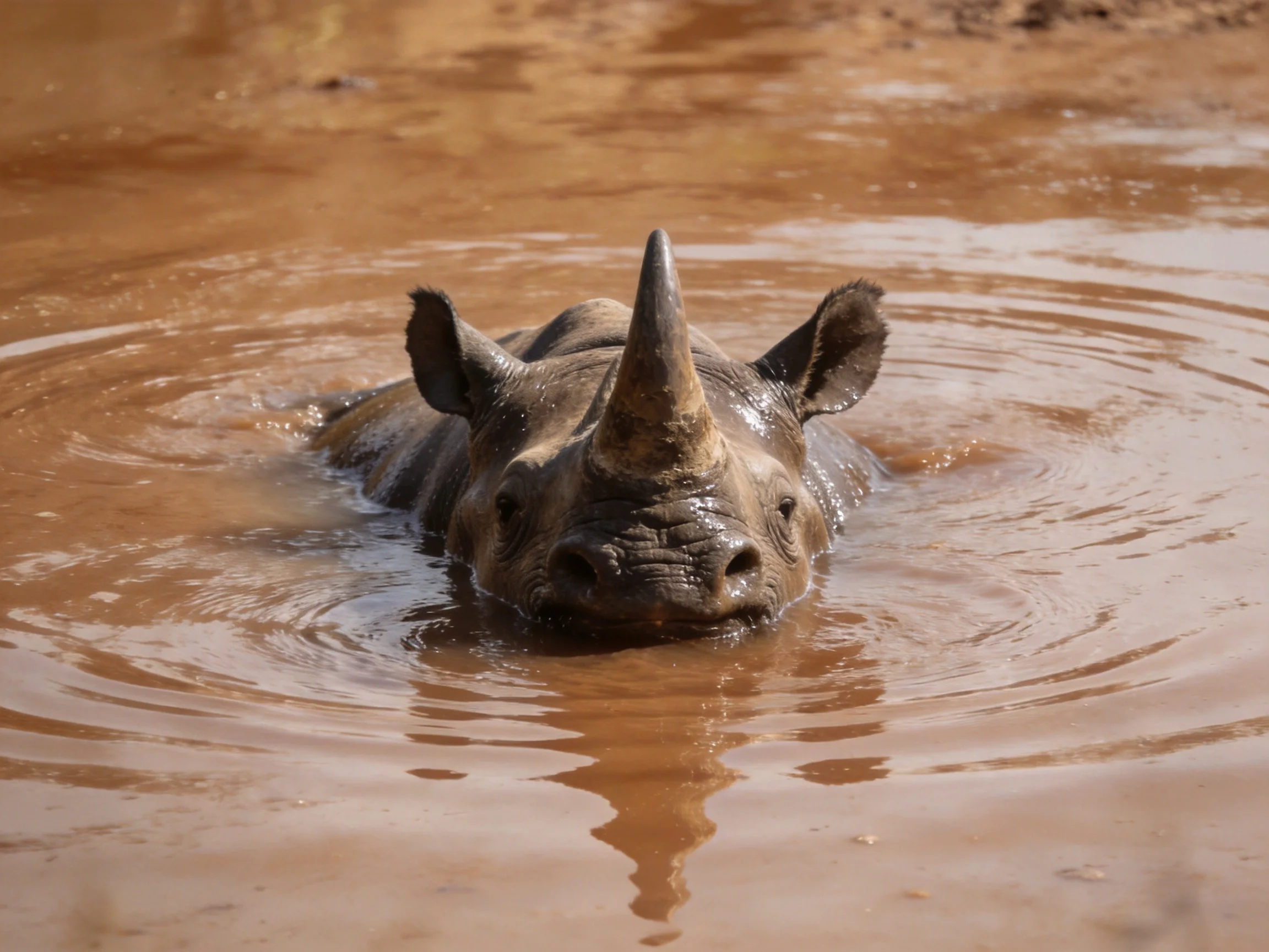 A rhinoceros with a horn swimming in brown muddy water