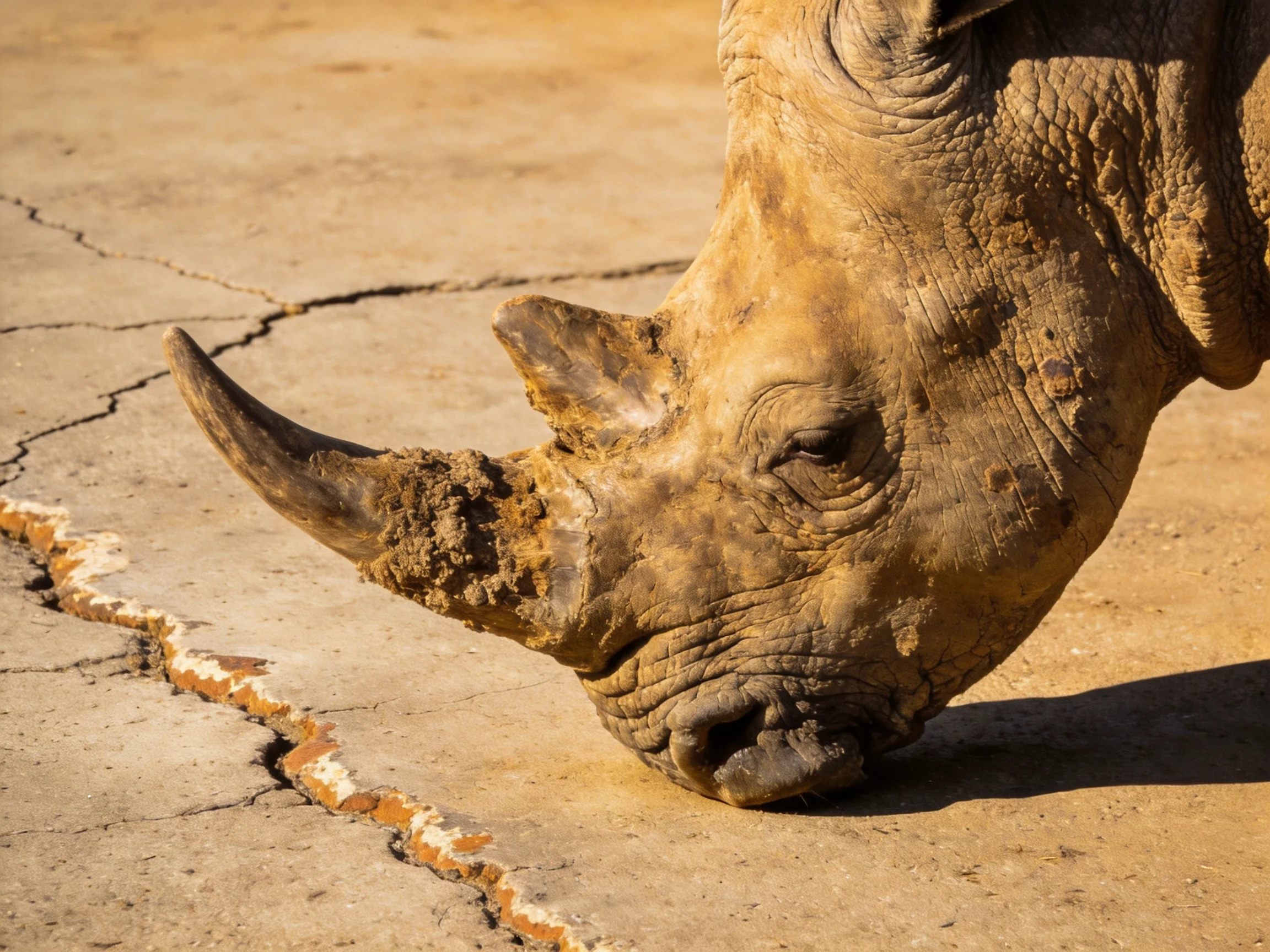 A rhinoceros with a mud-covered horn near cracked, dry ground