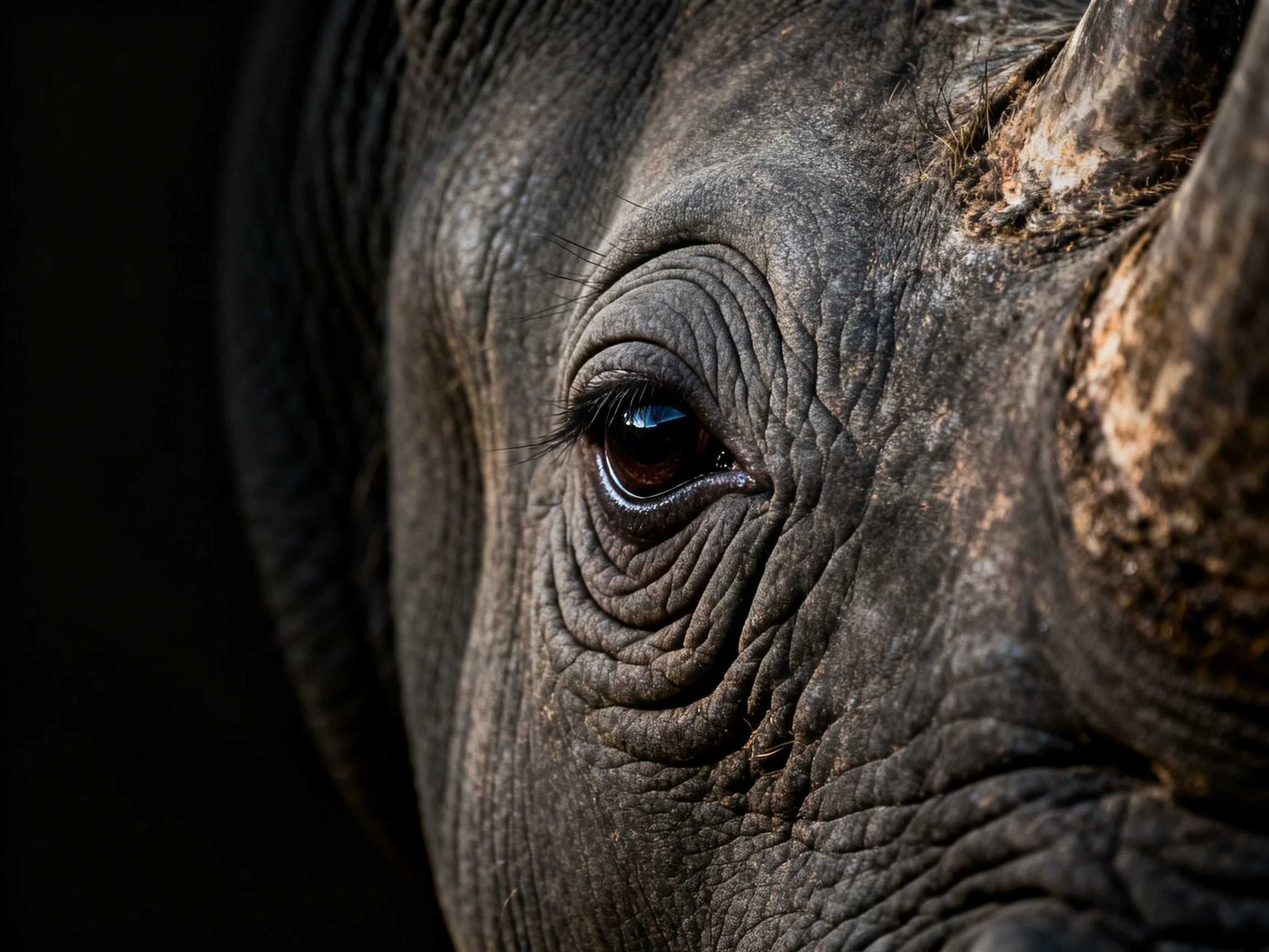 A rhinos wrinkled eye with prominent horn and textured skin
