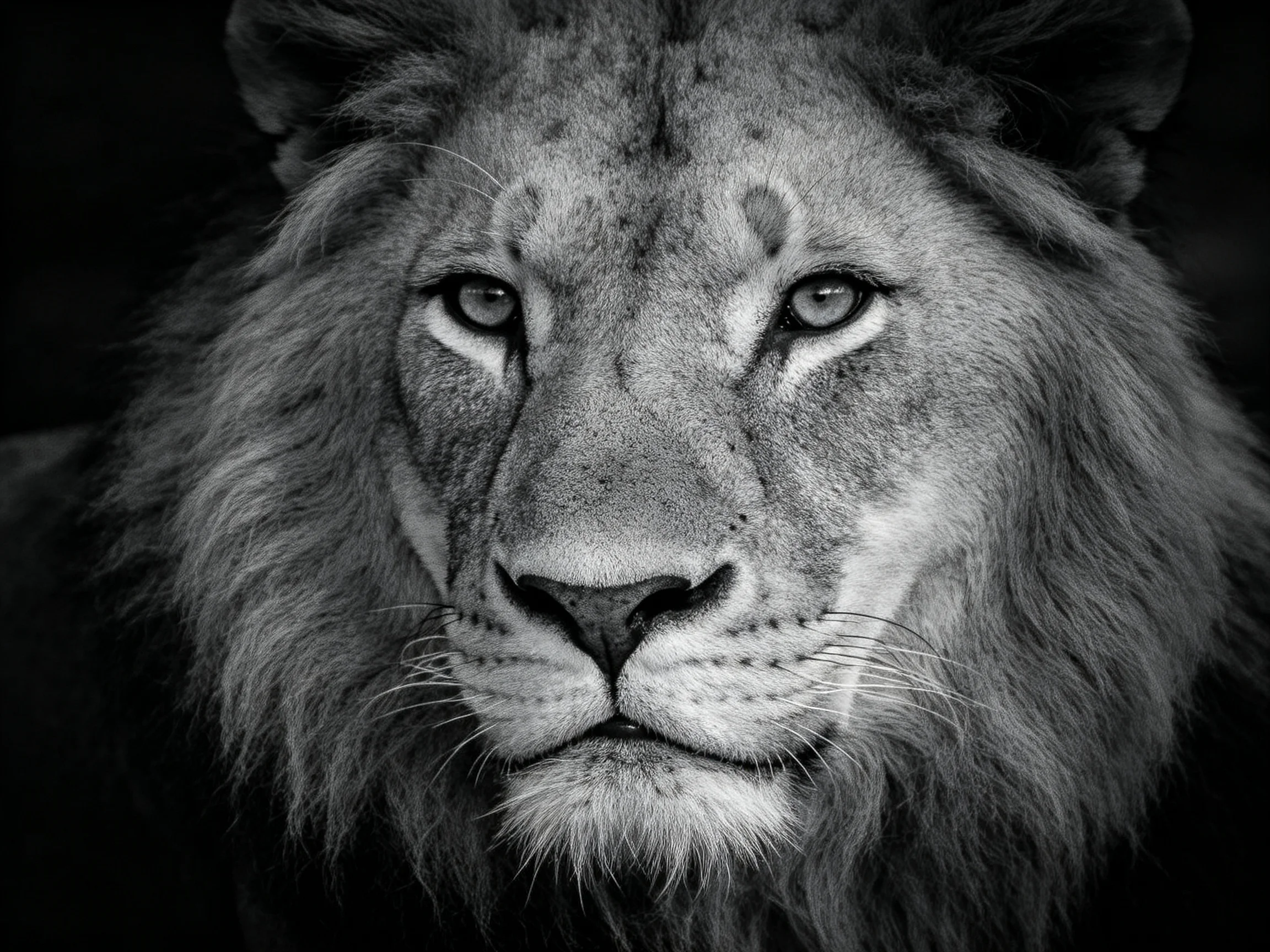 A richly detailed black - and - white portrait of a majestic lion with a commanding gaze.