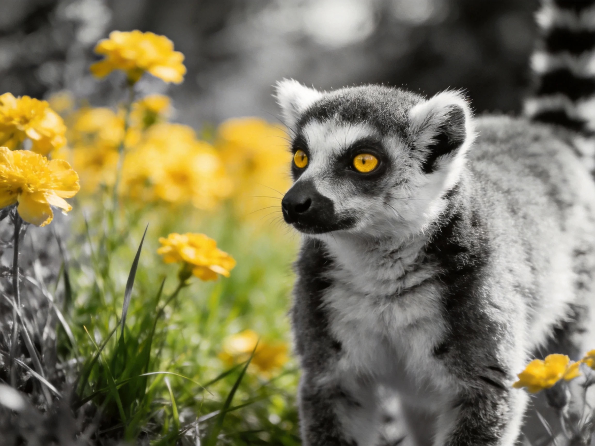A ring-tailed lemur among bright yellow flowers with selective color