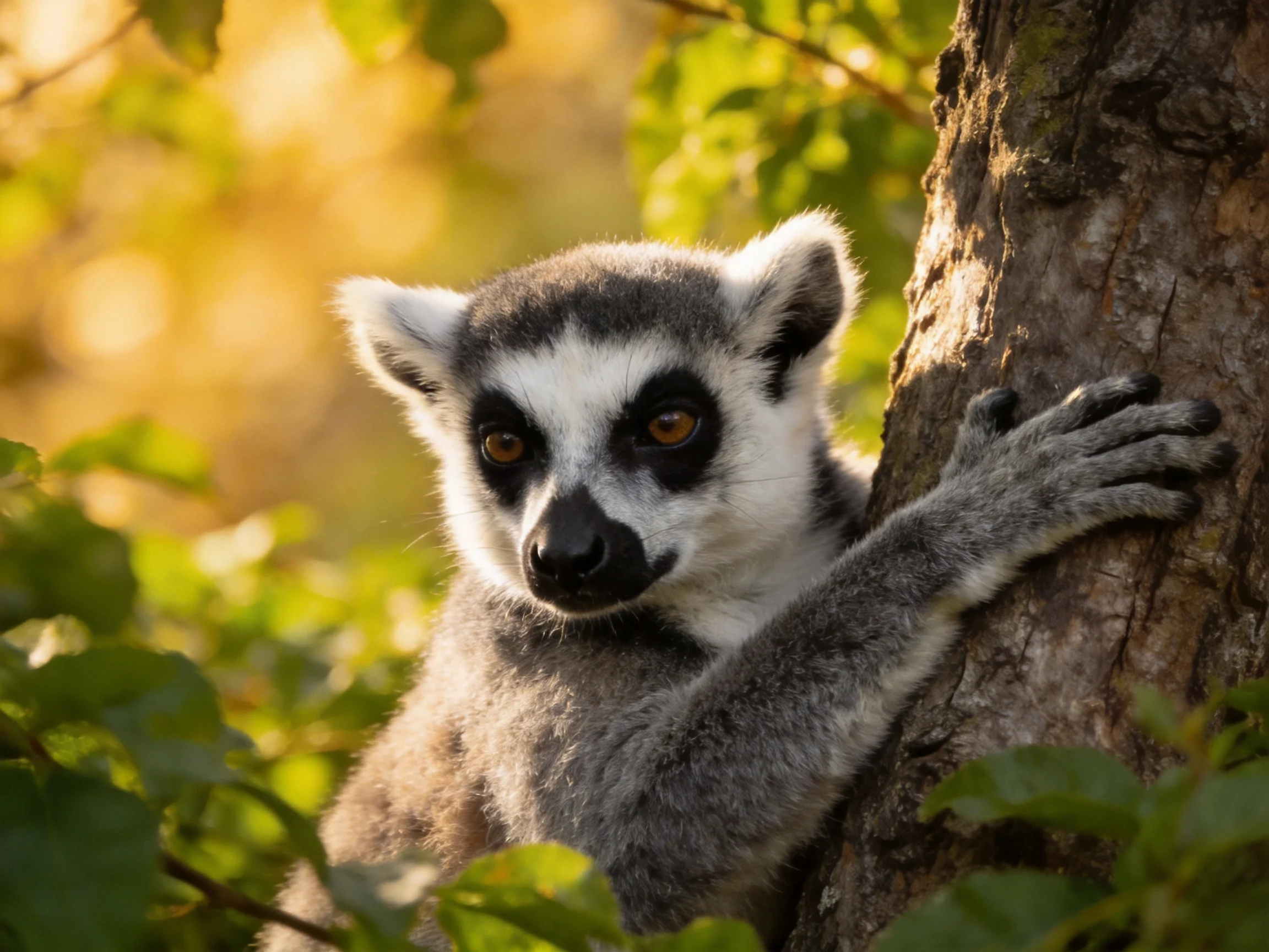 A ring-tailed lemur clings to a brown tree trunk amid green foliage