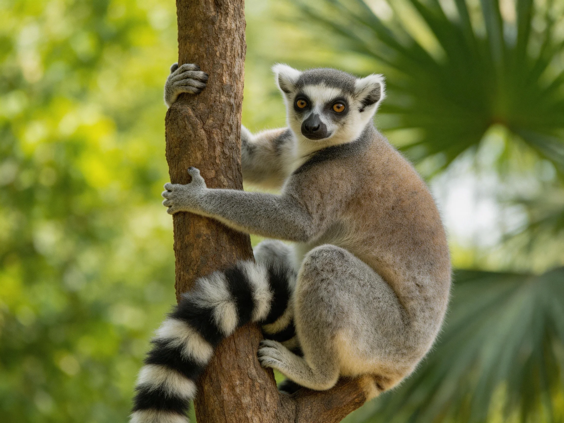 A ring-tailed lemur clings to a brown tree trunk amid lush green foliage