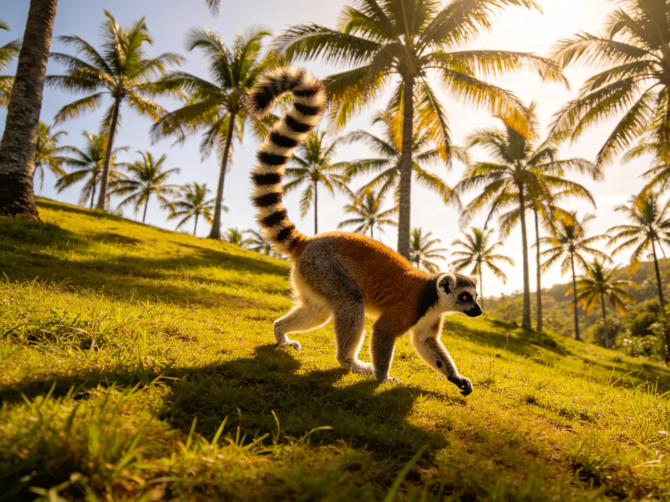 A ring-tailed lemur explores a sun-drenched grassy hillside with tall palms