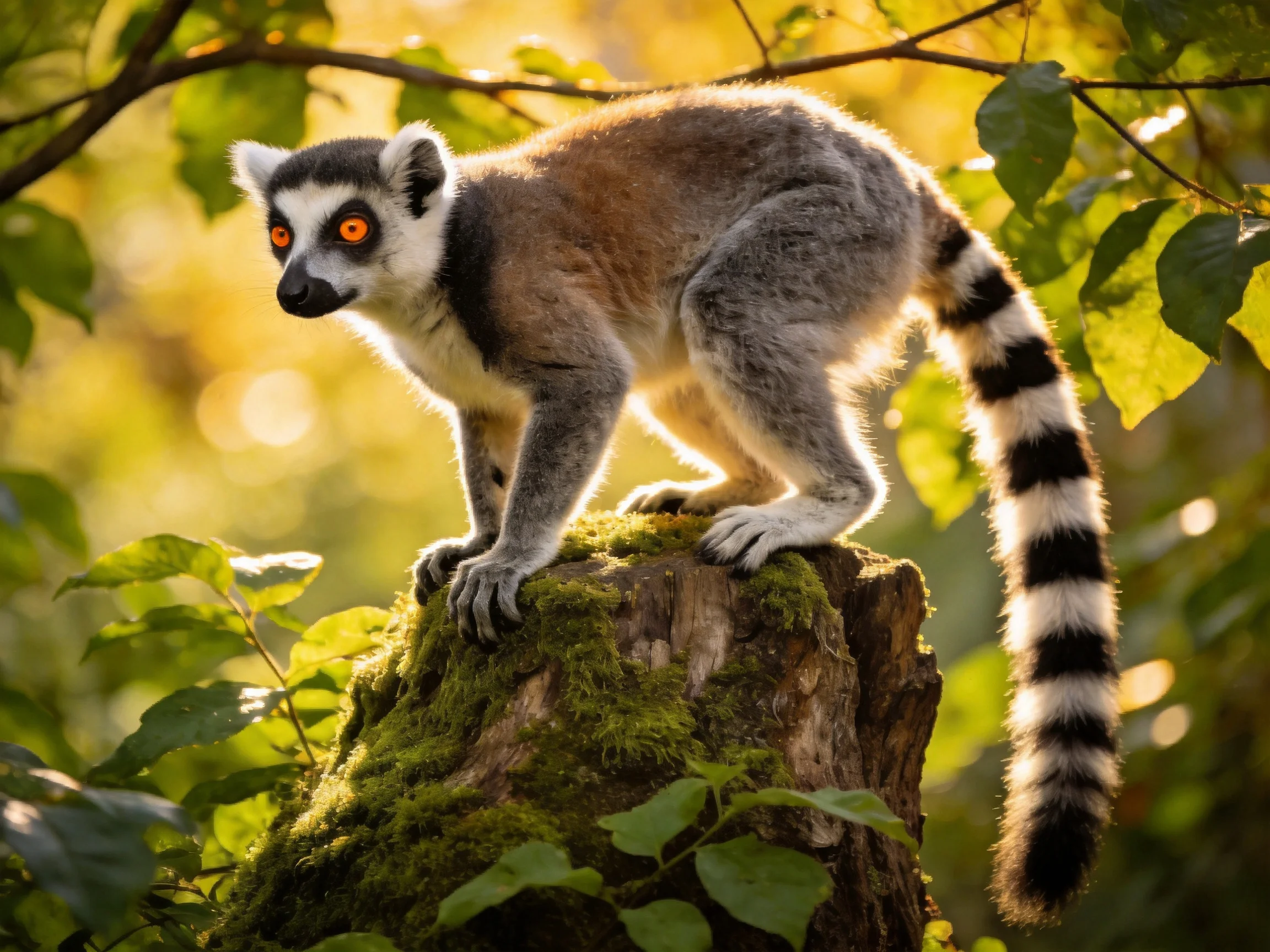 A ring-tailed lemur perched on a moss-covered tree stump in lush foliage