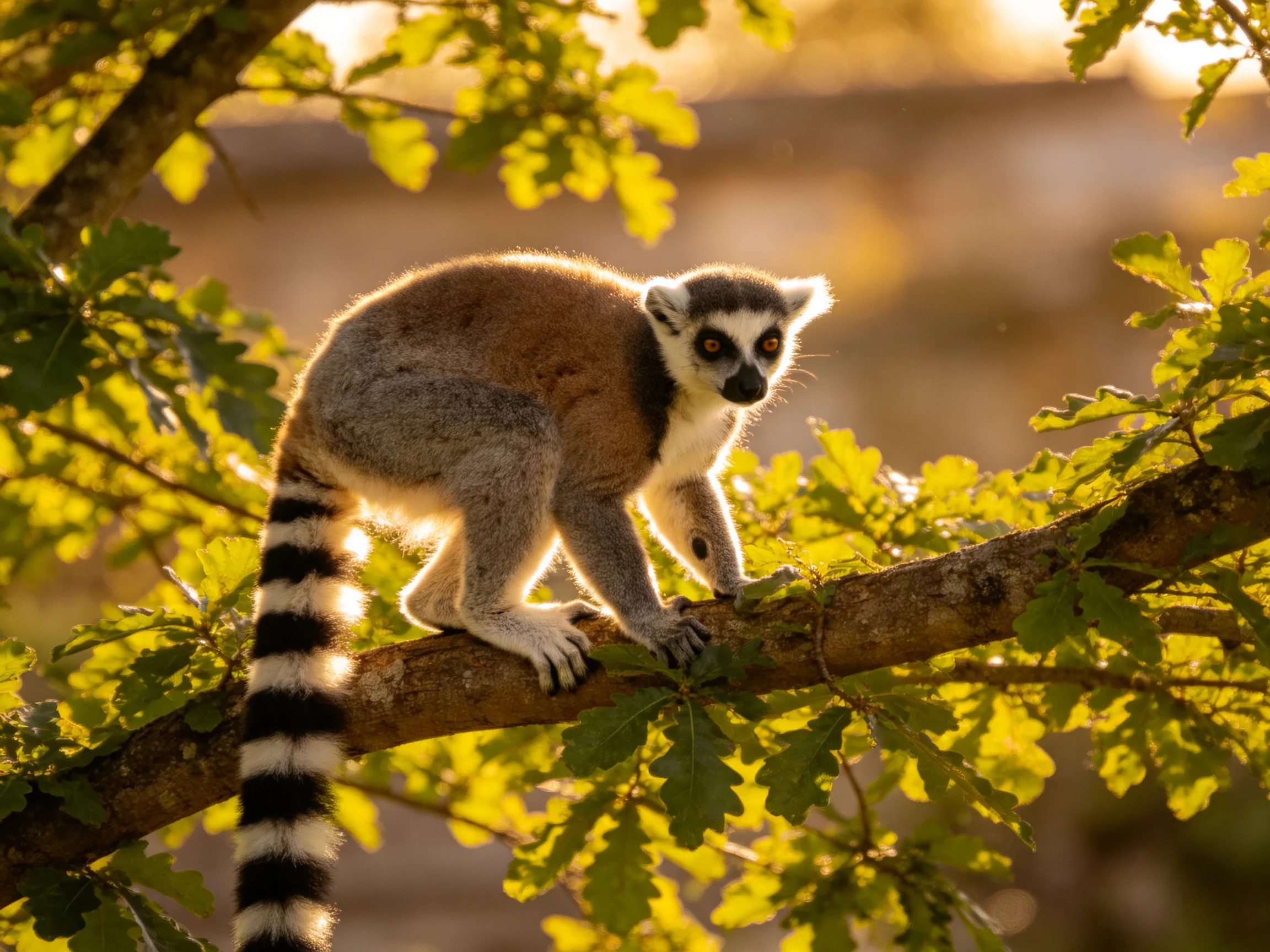 A ring-tailed lemur perched on a sunlit tree branch with green foliage