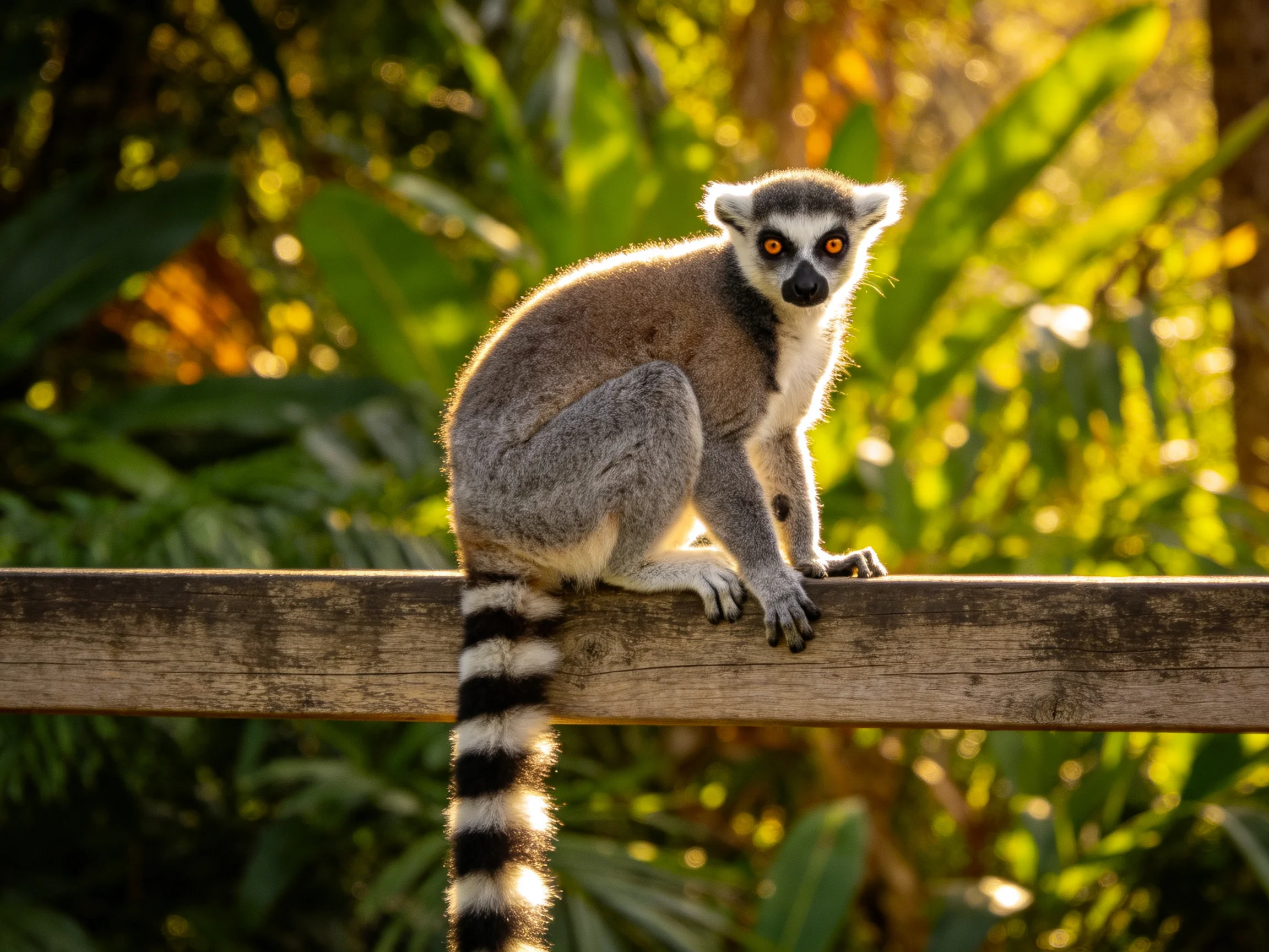 A ring-tailed lemur perches on a wooden beam amid lush green foliage