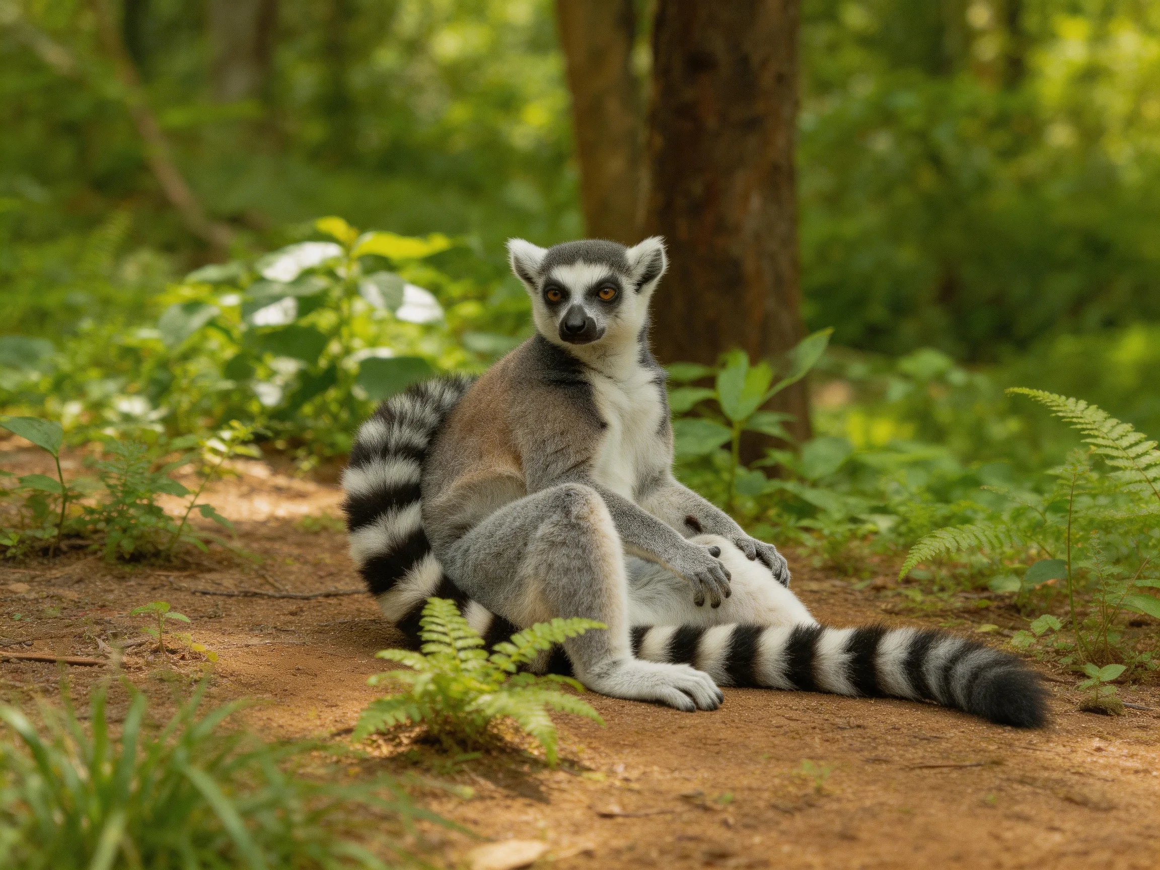 A ring-tailed lemur rests in a lush forested area on a dirt path