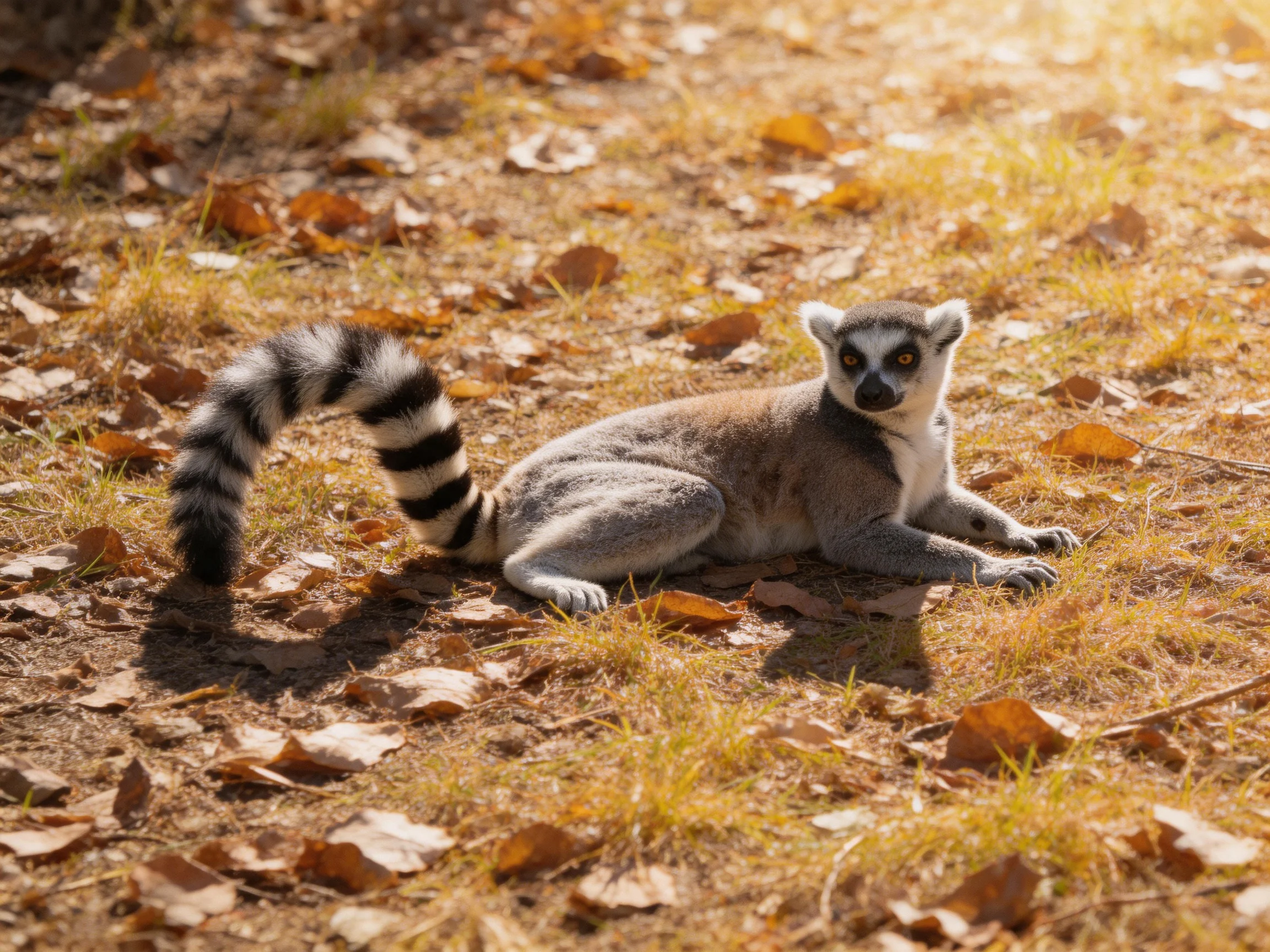 A ring-tailed lemur rests on a leaf-strewn, sunlit ground
