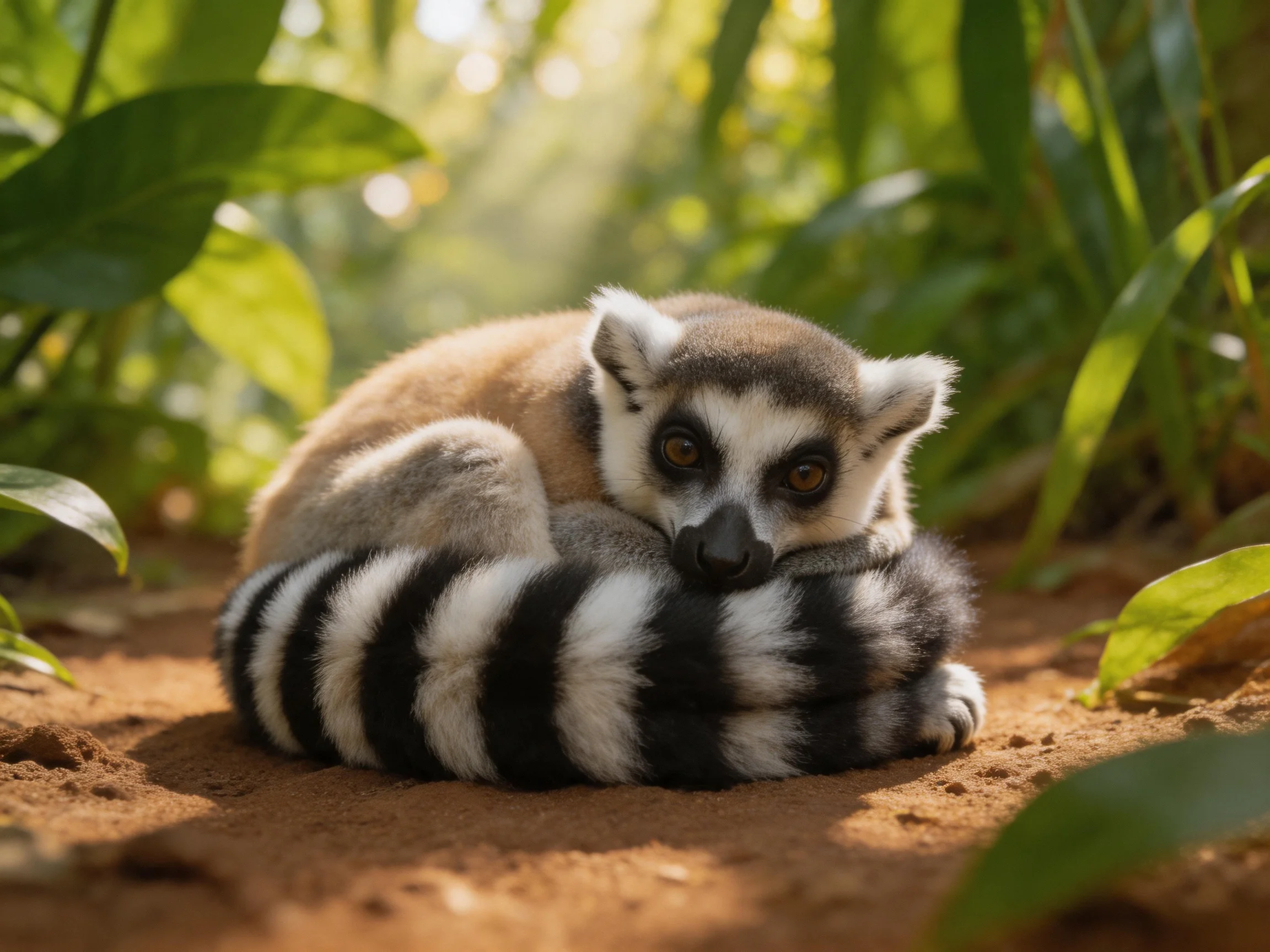 A ring - tailed lemur rests on reddish soil amid lush green vegetation