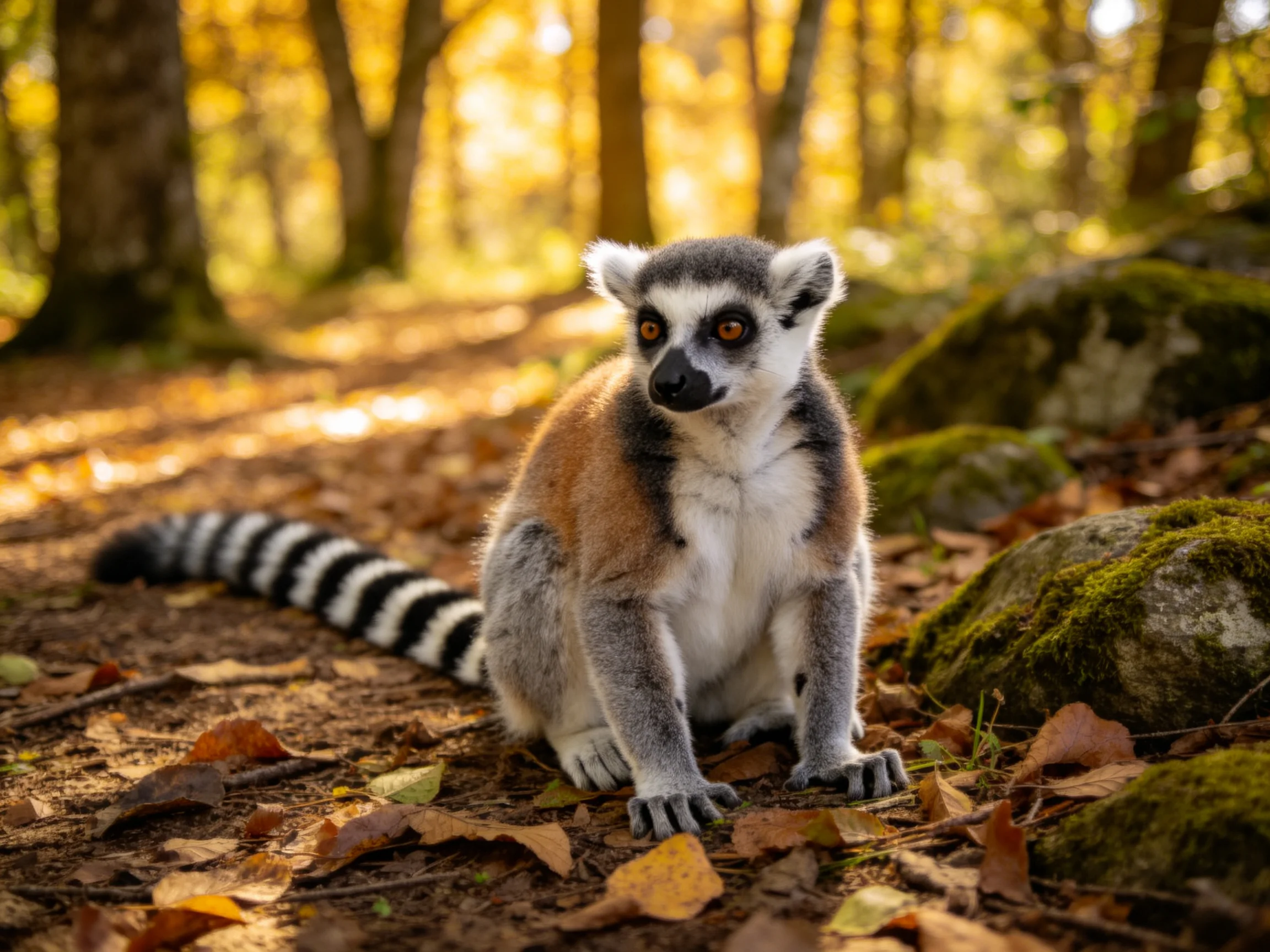 A ring - tailed lemur sits among autumn leaves near mossy rocks