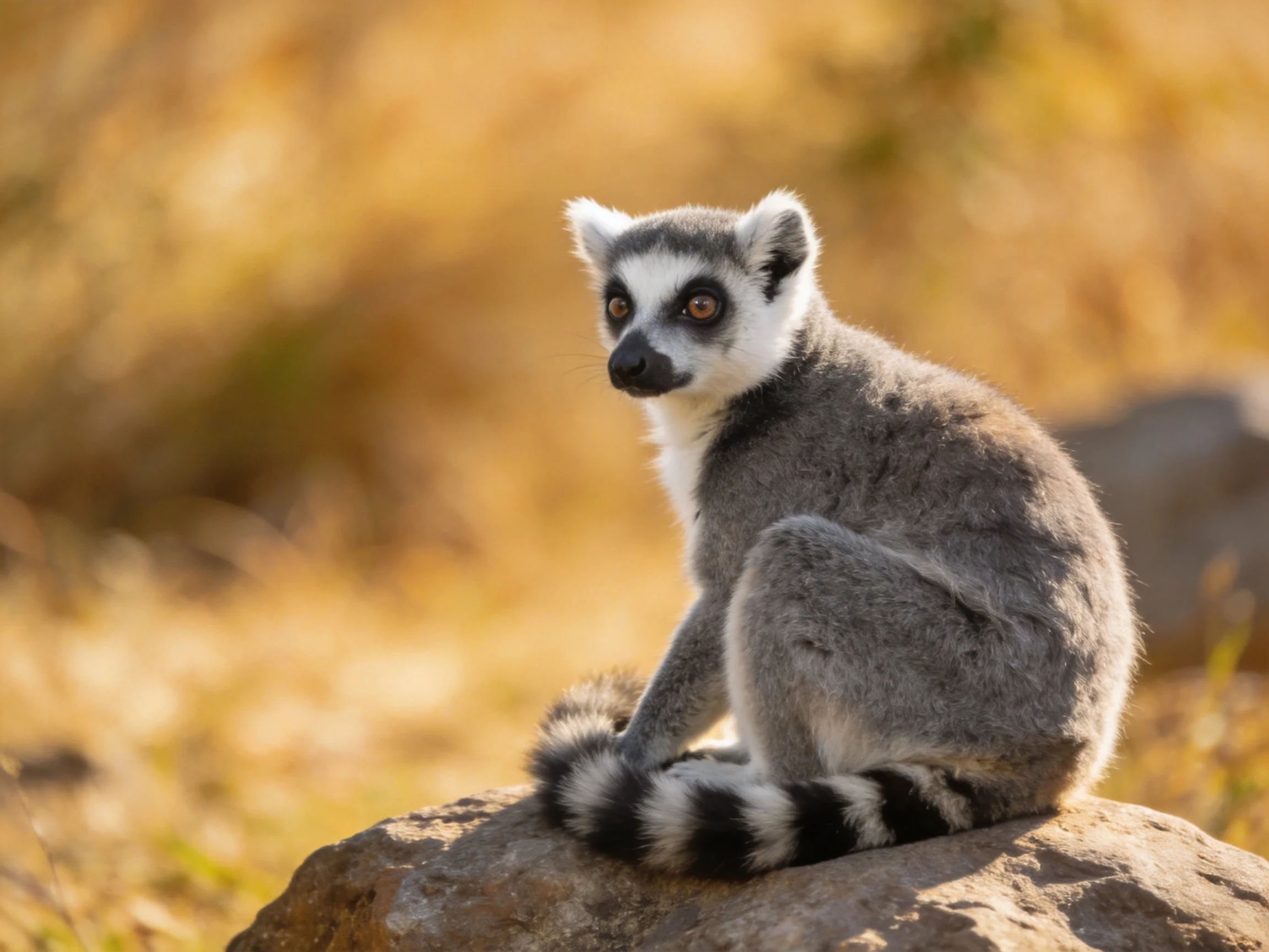 A ring-tailed lemur sits on a brown rock amid golden sunlight