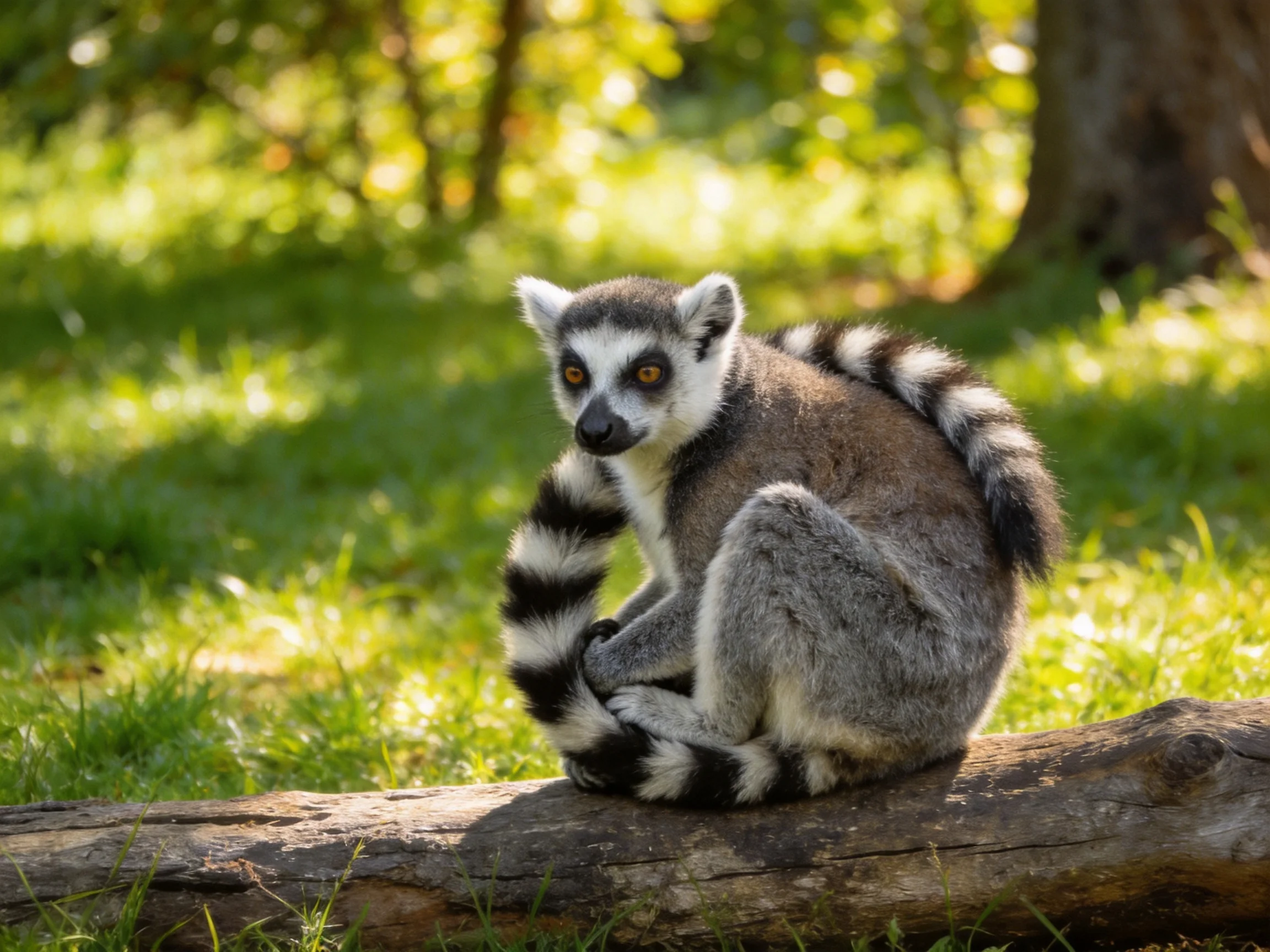 A ring-tailed lemur sits on a weathered log amid lush green foliage