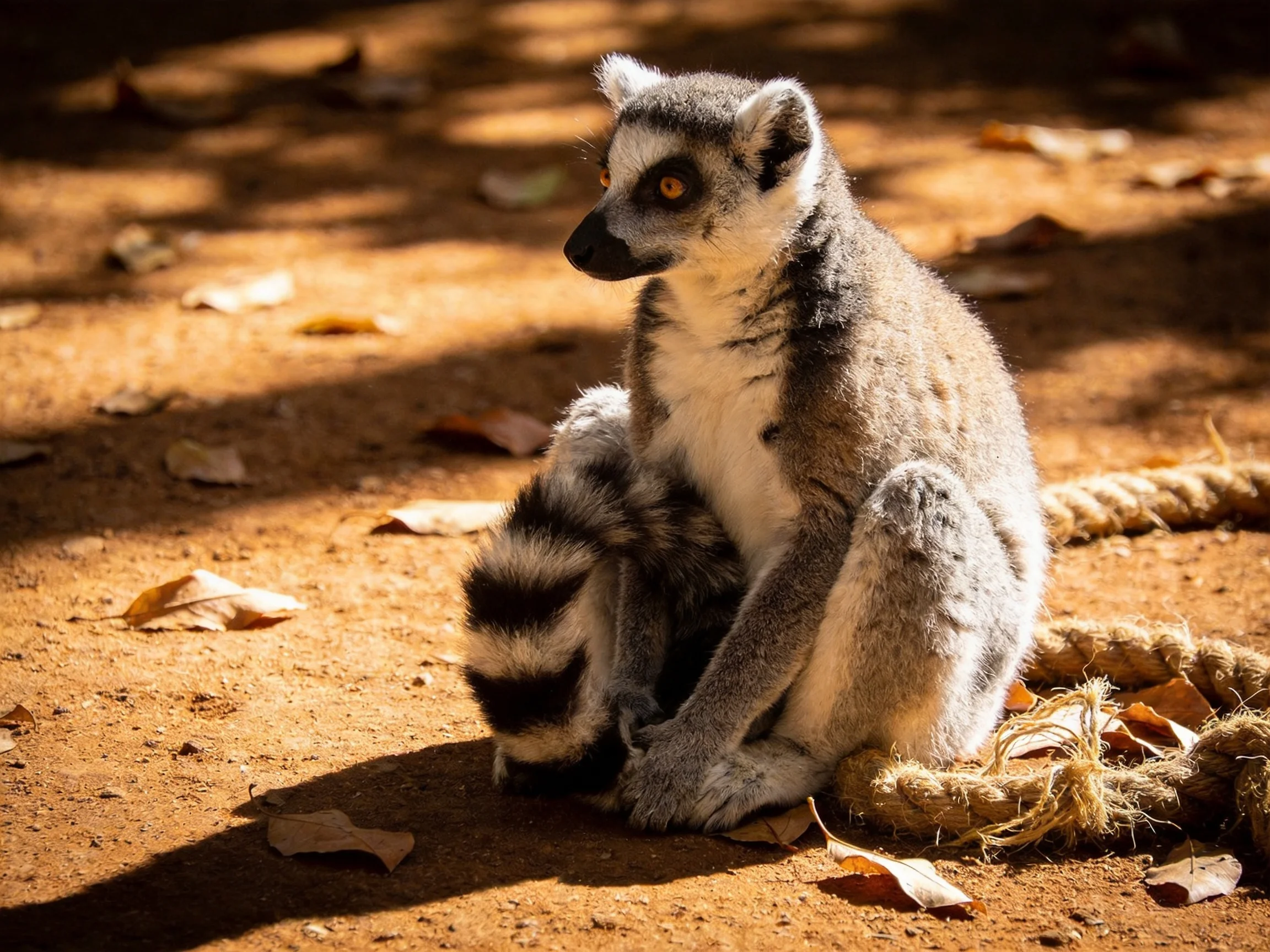 A ring - tailed lemur sits on reddish earth near scattered leaves and a rope
