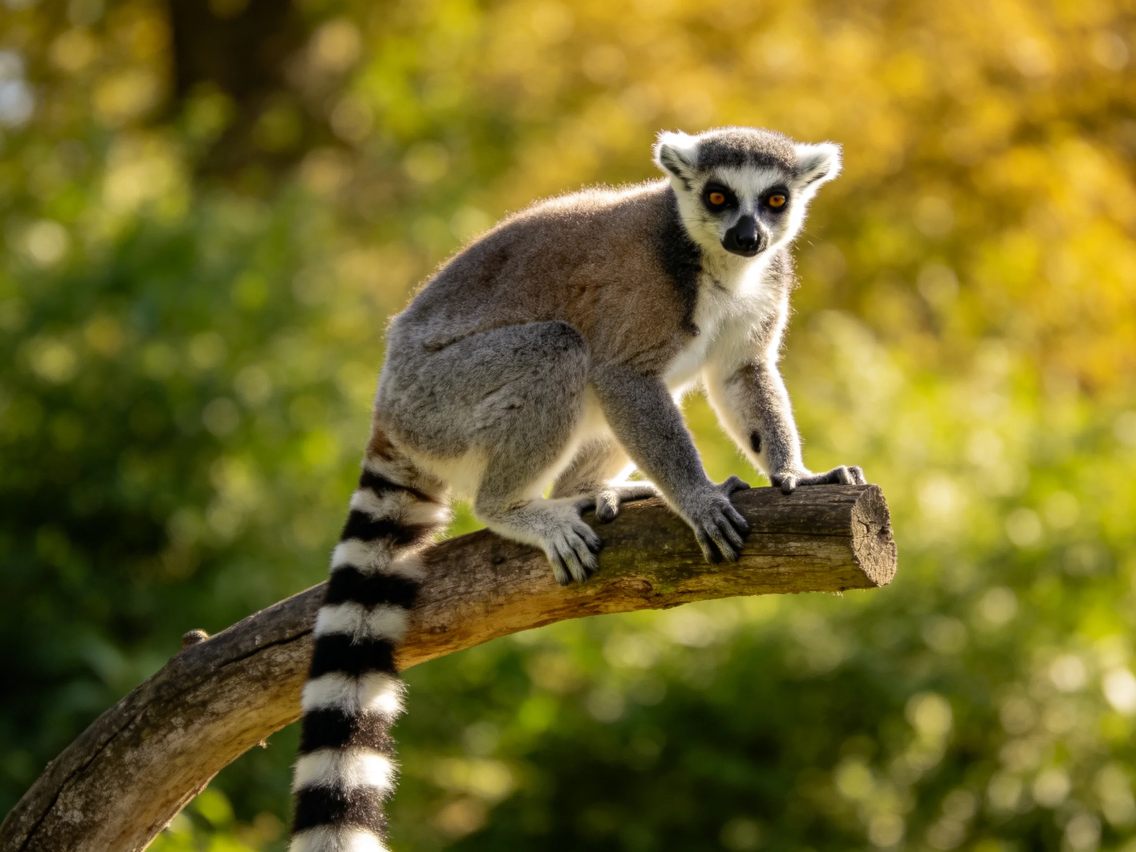 A ring-tailed lemur with a striped tail sits on a wooden branch