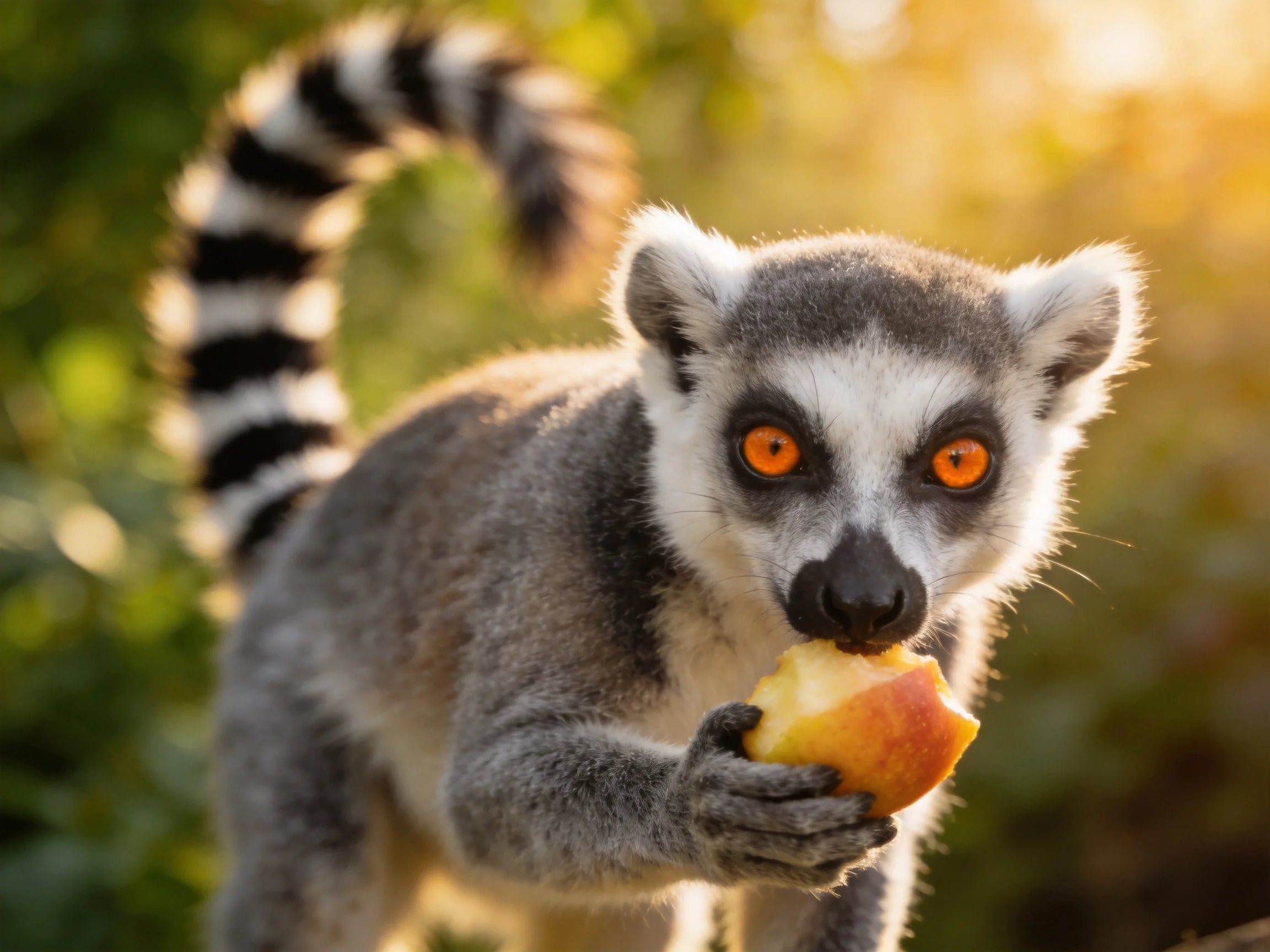 A ring-tailed lemur with bright orange eyes eats a red-yellow fruit