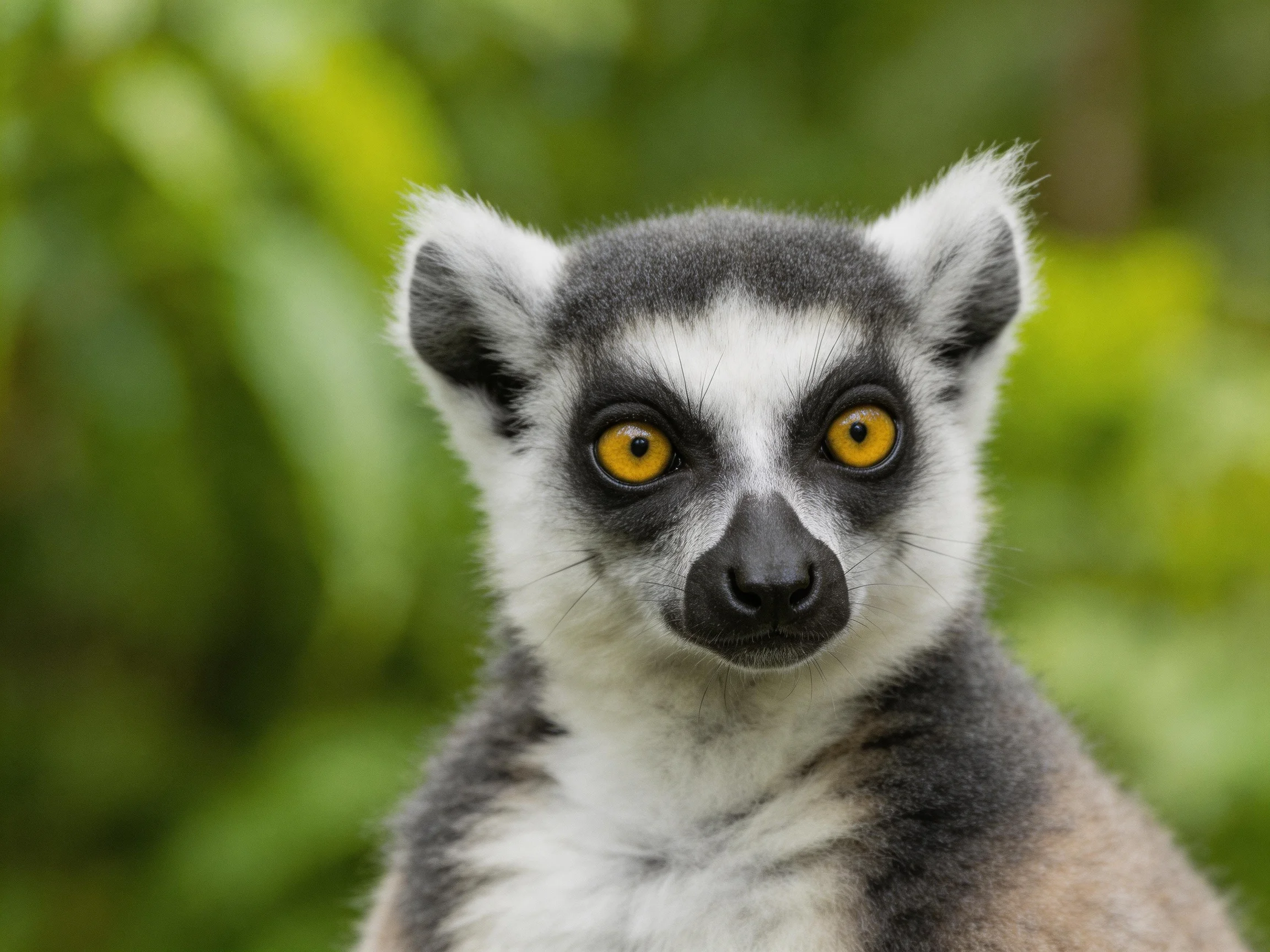 A ring-tailed lemur with bright yellow eyes in lush green foliage