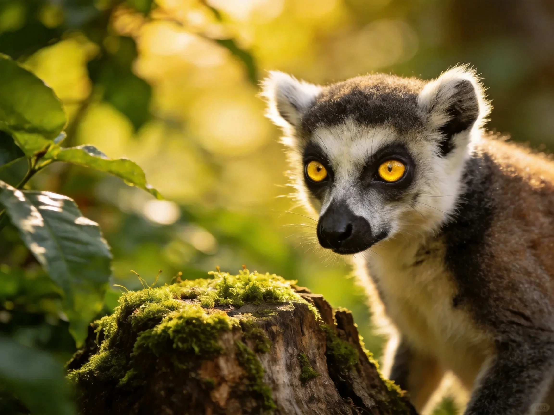 A ring-tailed lemur with bright yellow eyes near a moss-covered tree stump
