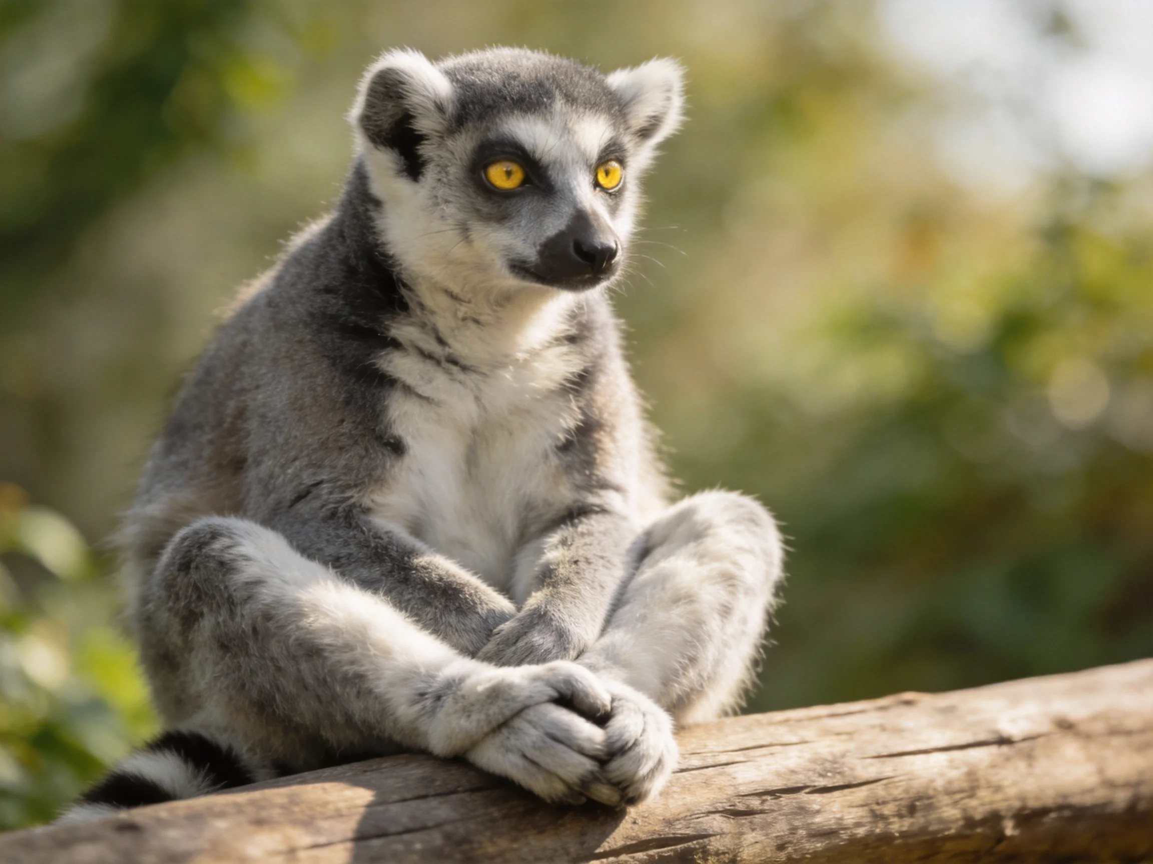 A ring-tailed lemur with bright yellow eyes sits on a wooden log