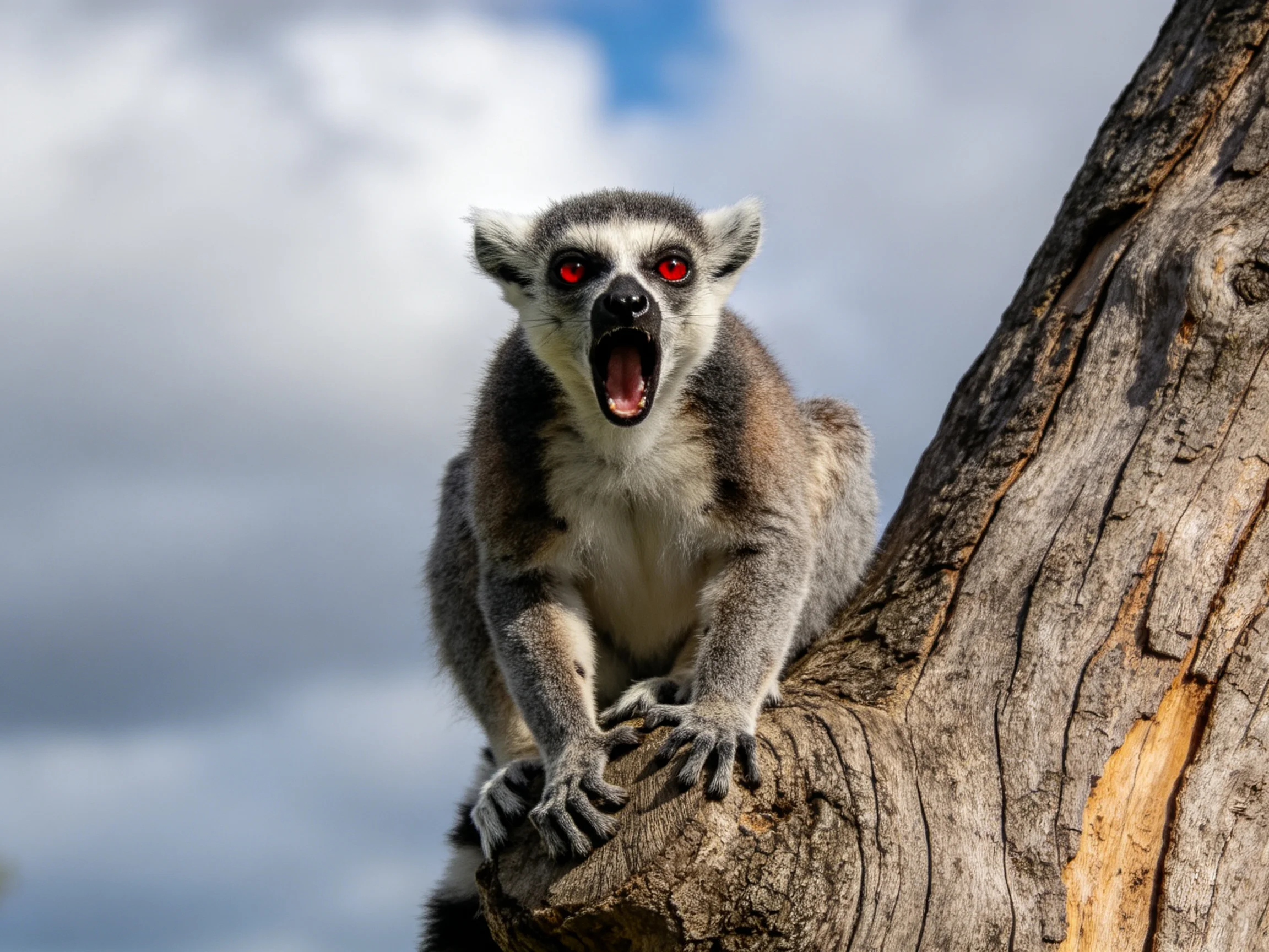 A ring-tailed lemur with red eyes perched on a weathered tree trunk