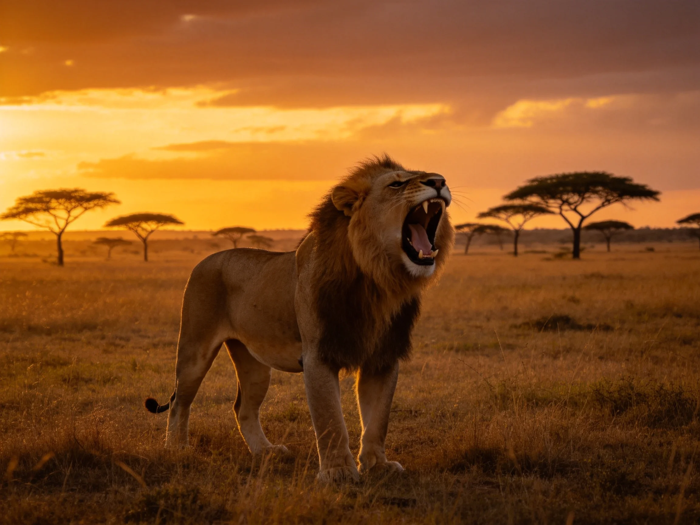A roaring lion in a golden savannah at sunset