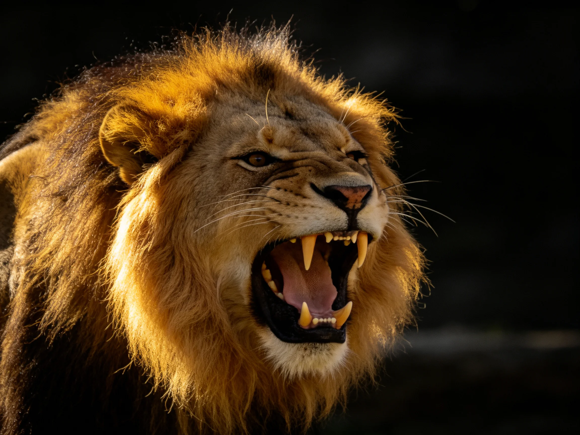 A roaring male lion with golden-brown mane and sharp fangs