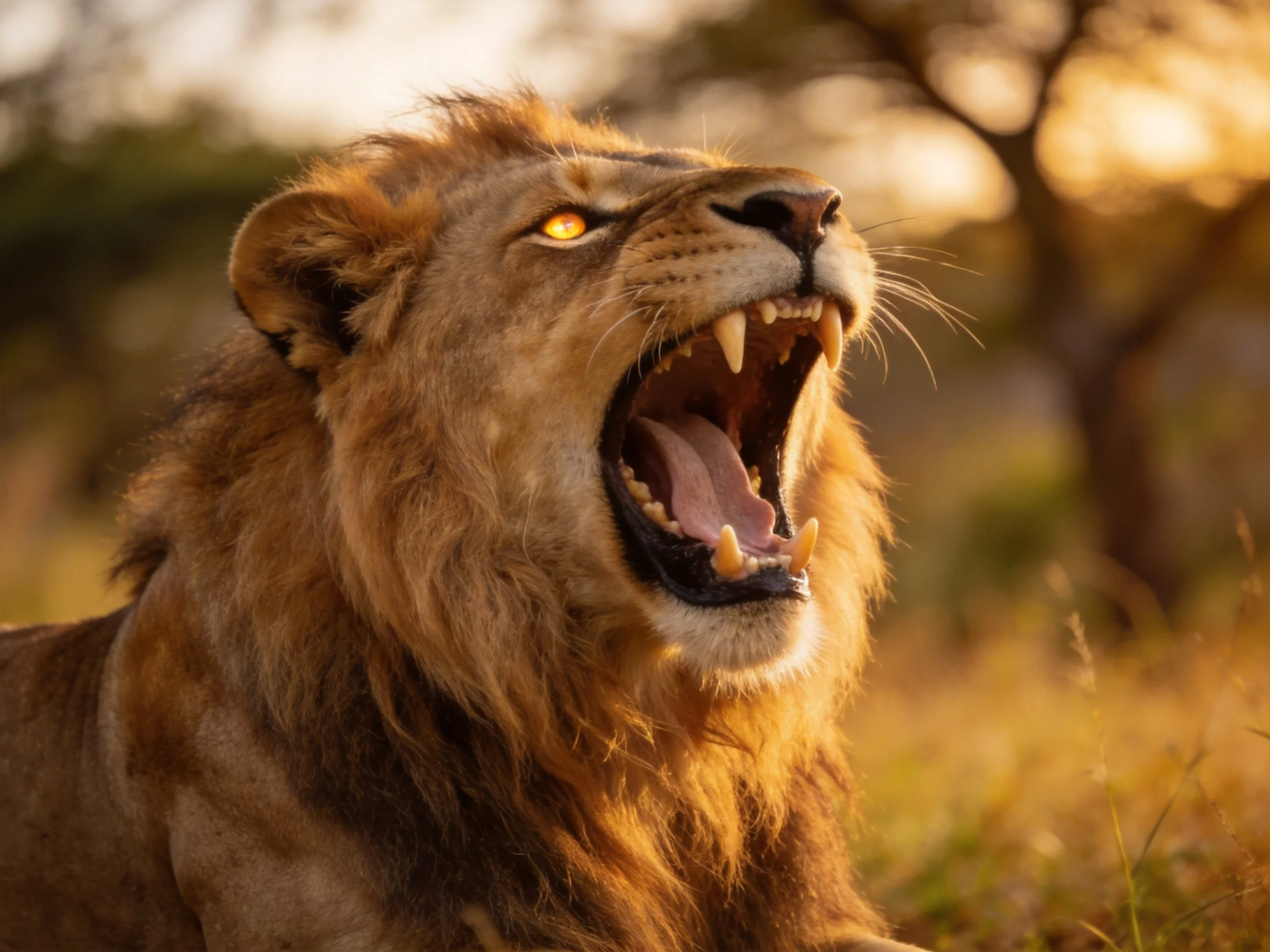 A roaring male lion with golden mane in savannah sunset