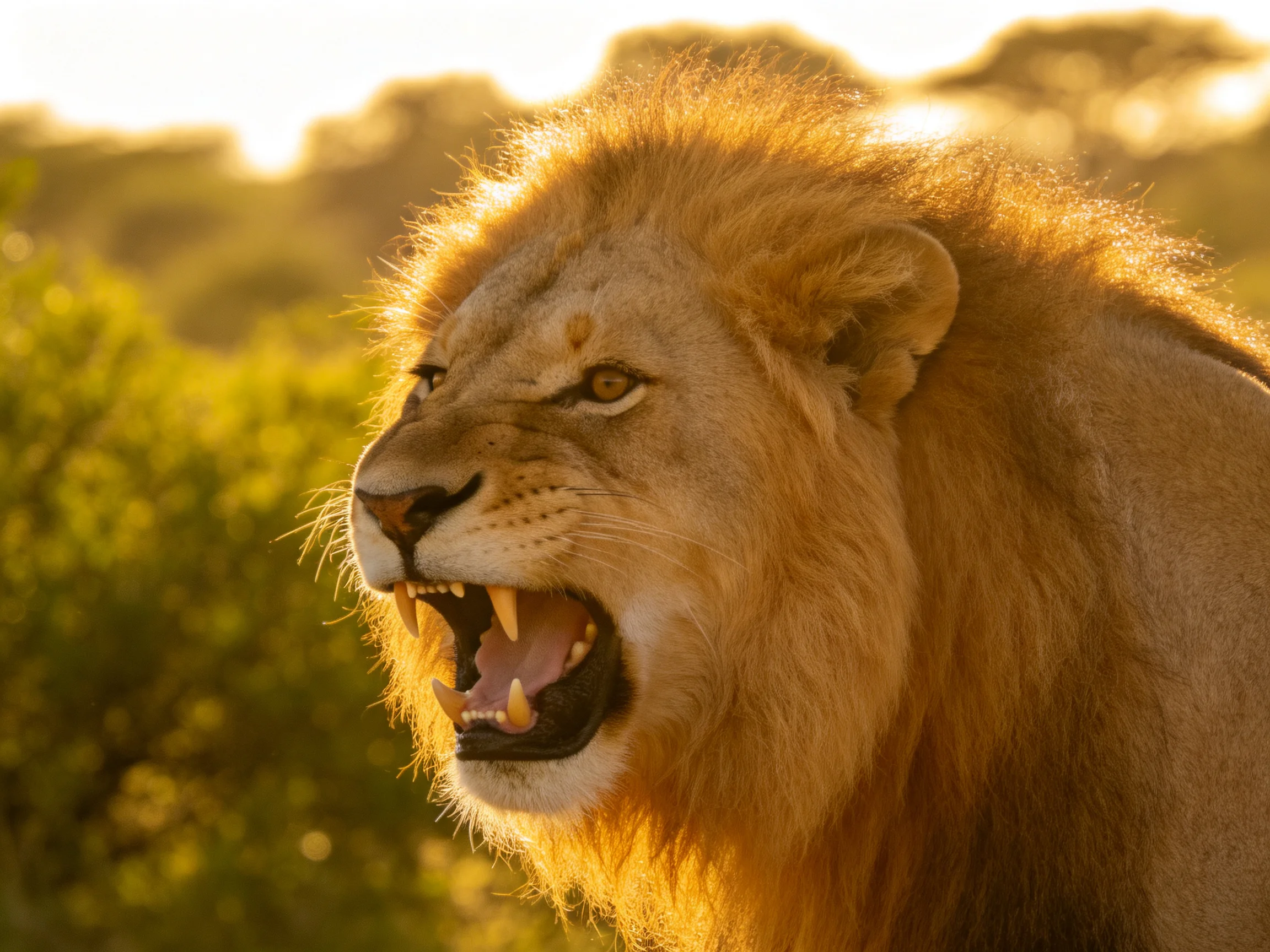 A roaring male lion with golden mane in sunlit savannah