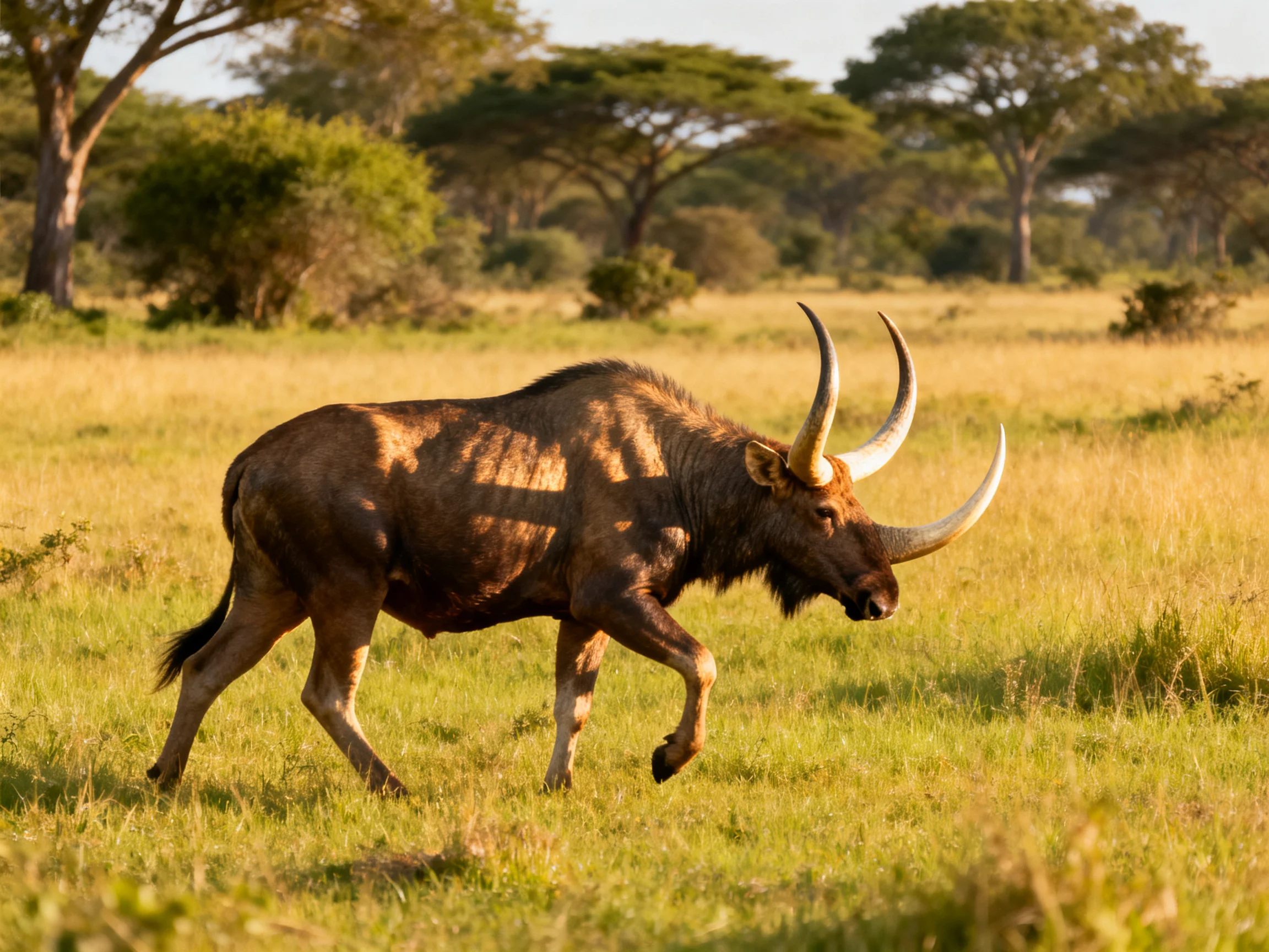 A robust antelope with long curved horns in golden savannah