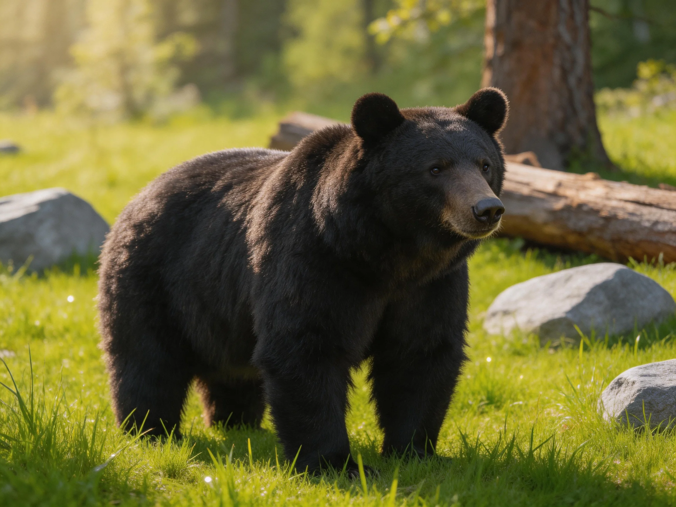 A robust black bear in a sunlit forest clearing