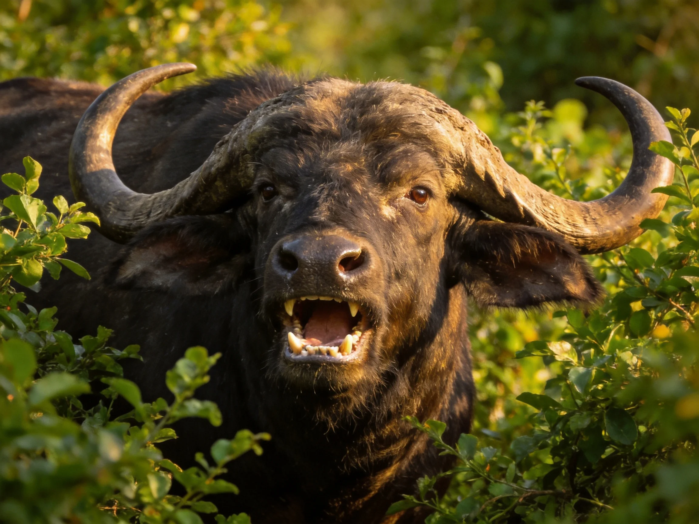 A robust black buffalo with massive curved horns amid dense greenery