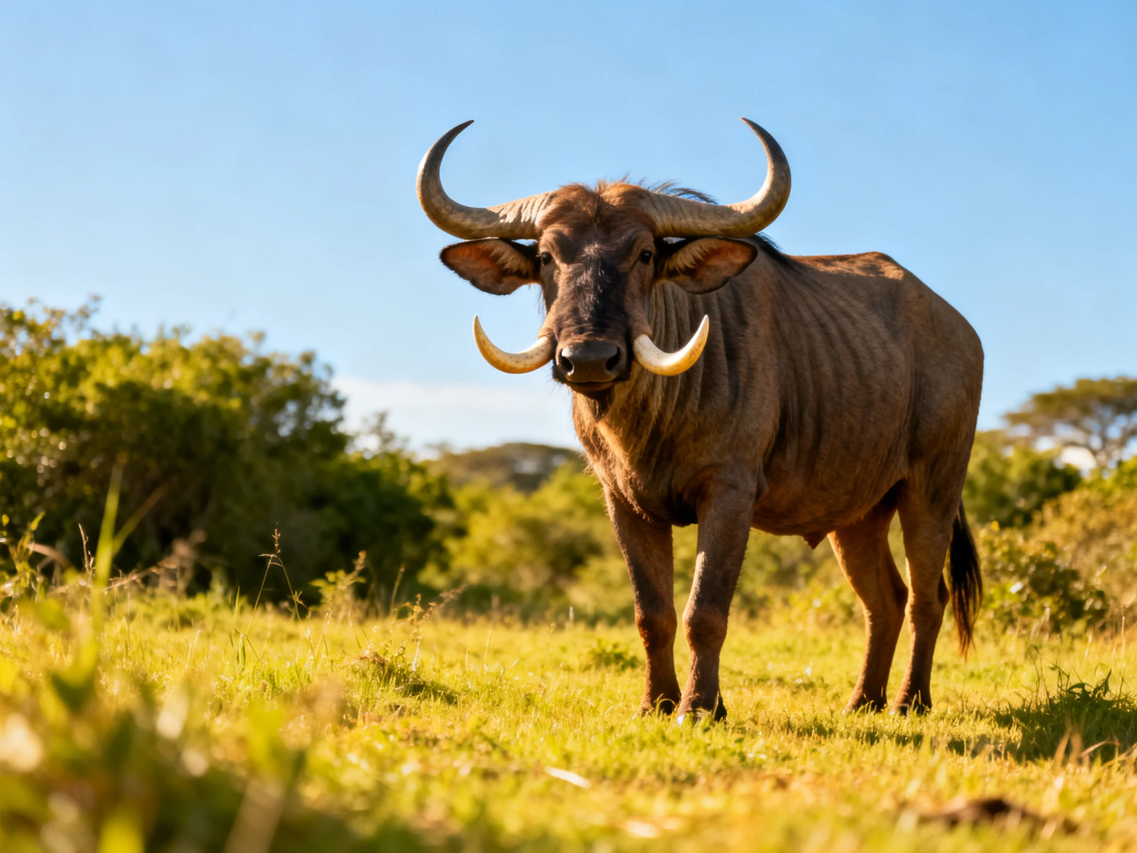 A robust brown antelope with curved horns stands in a sunlit savannah