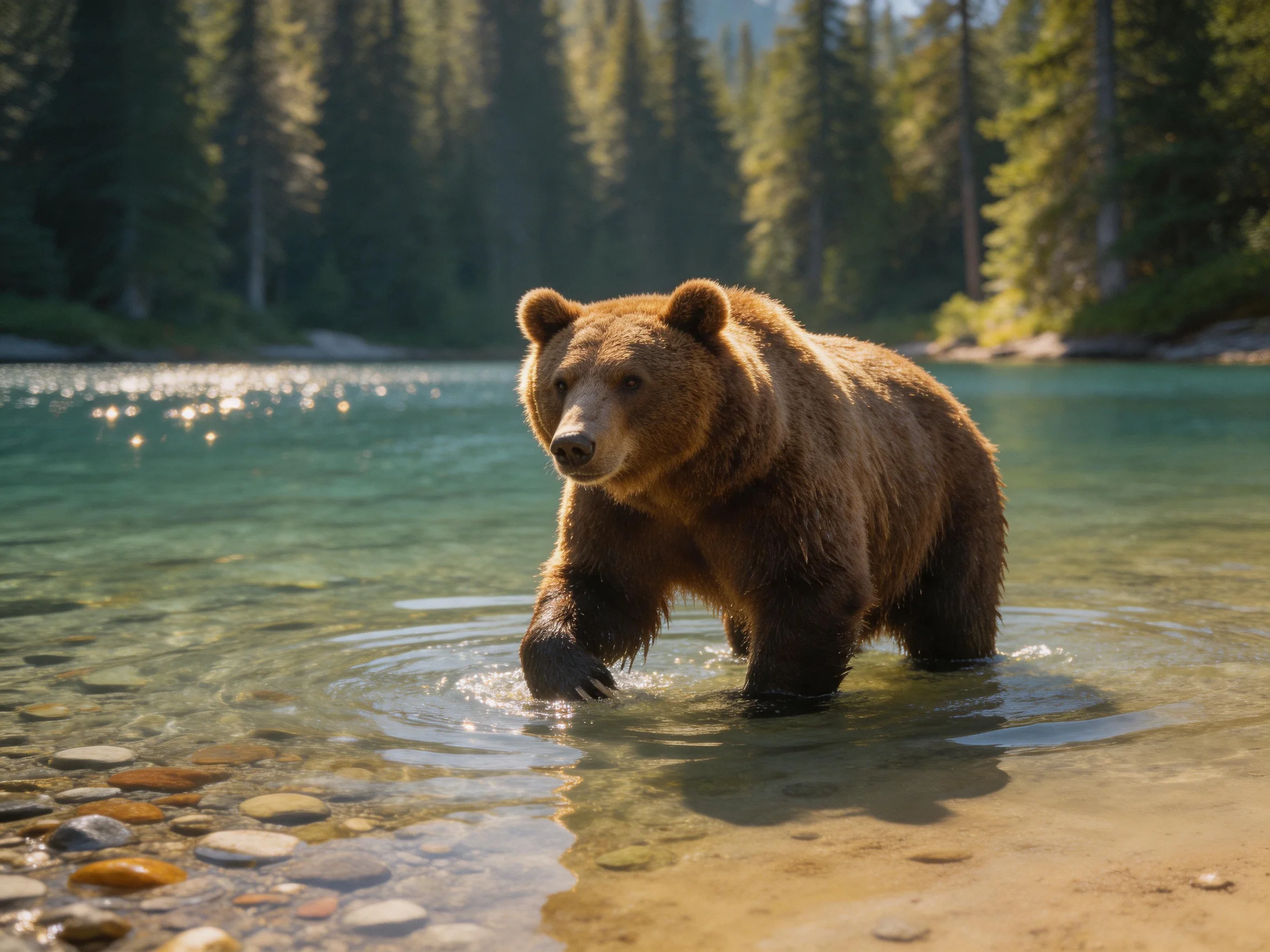 A robust brown bear wades through a clear mountain stream