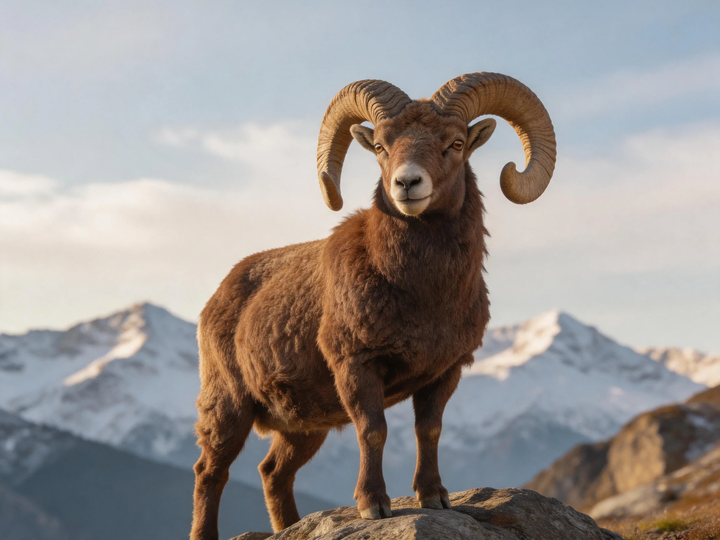 A brown bighorn ram stands on rocks with snowy mountains in the background.
