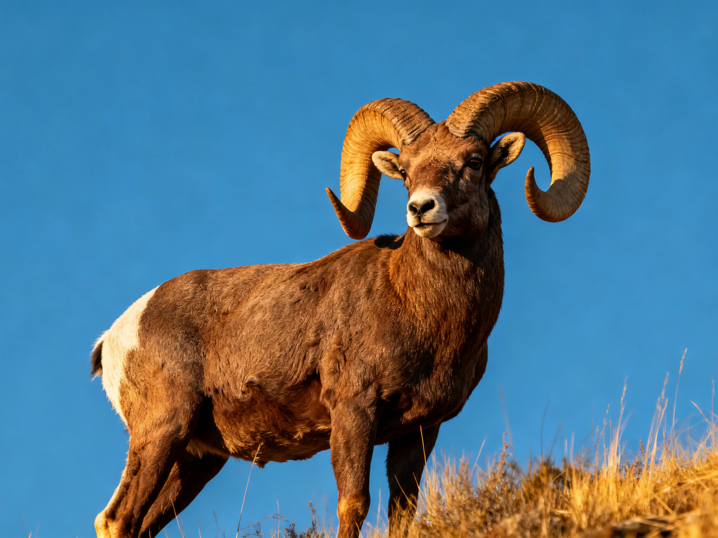 A large brown bighorn sheep stands on a grassy hillside under a clear blue sky.