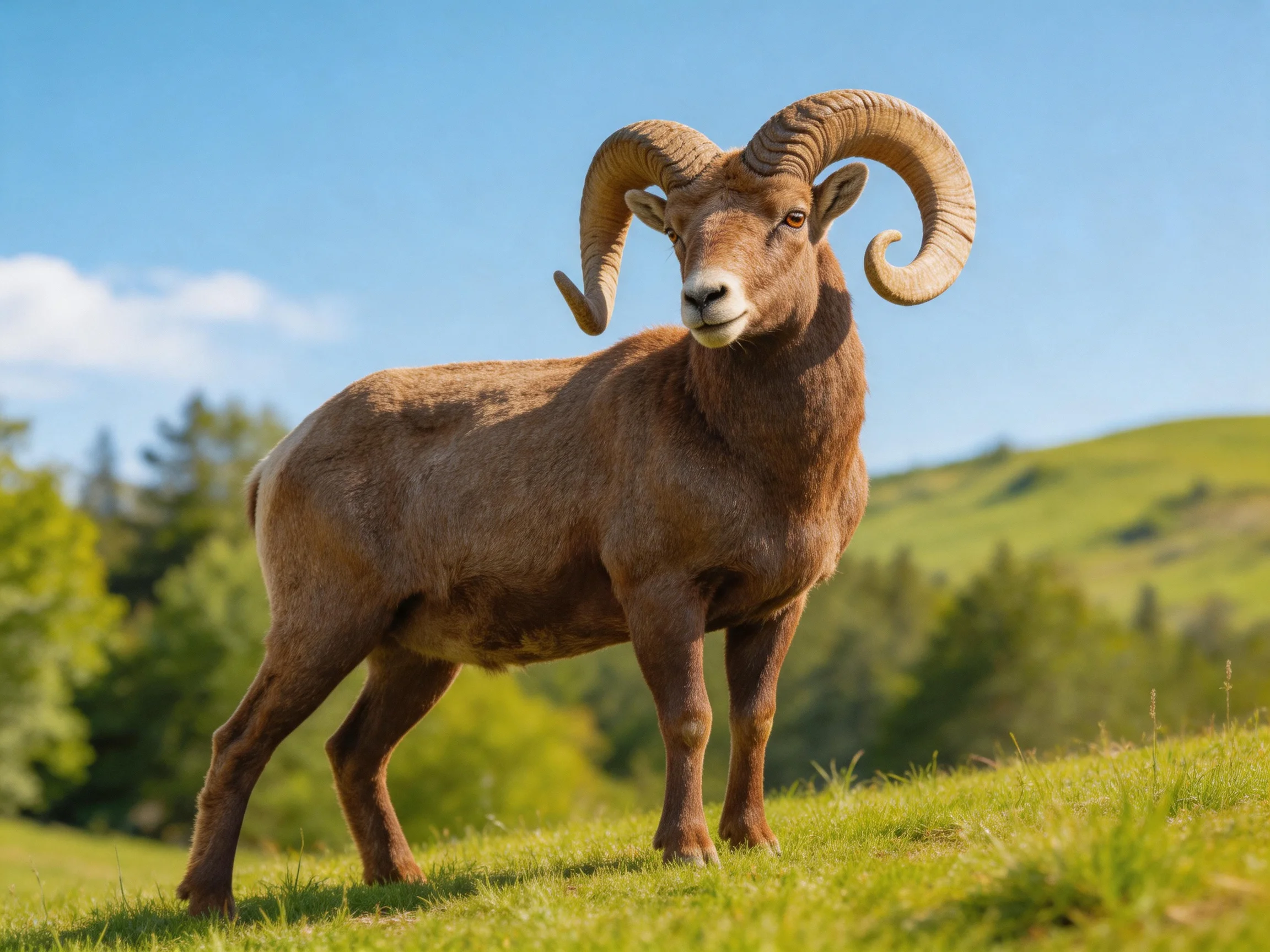 A brown bighorn sheep stands on a grassy hillside under a clear blue sky.