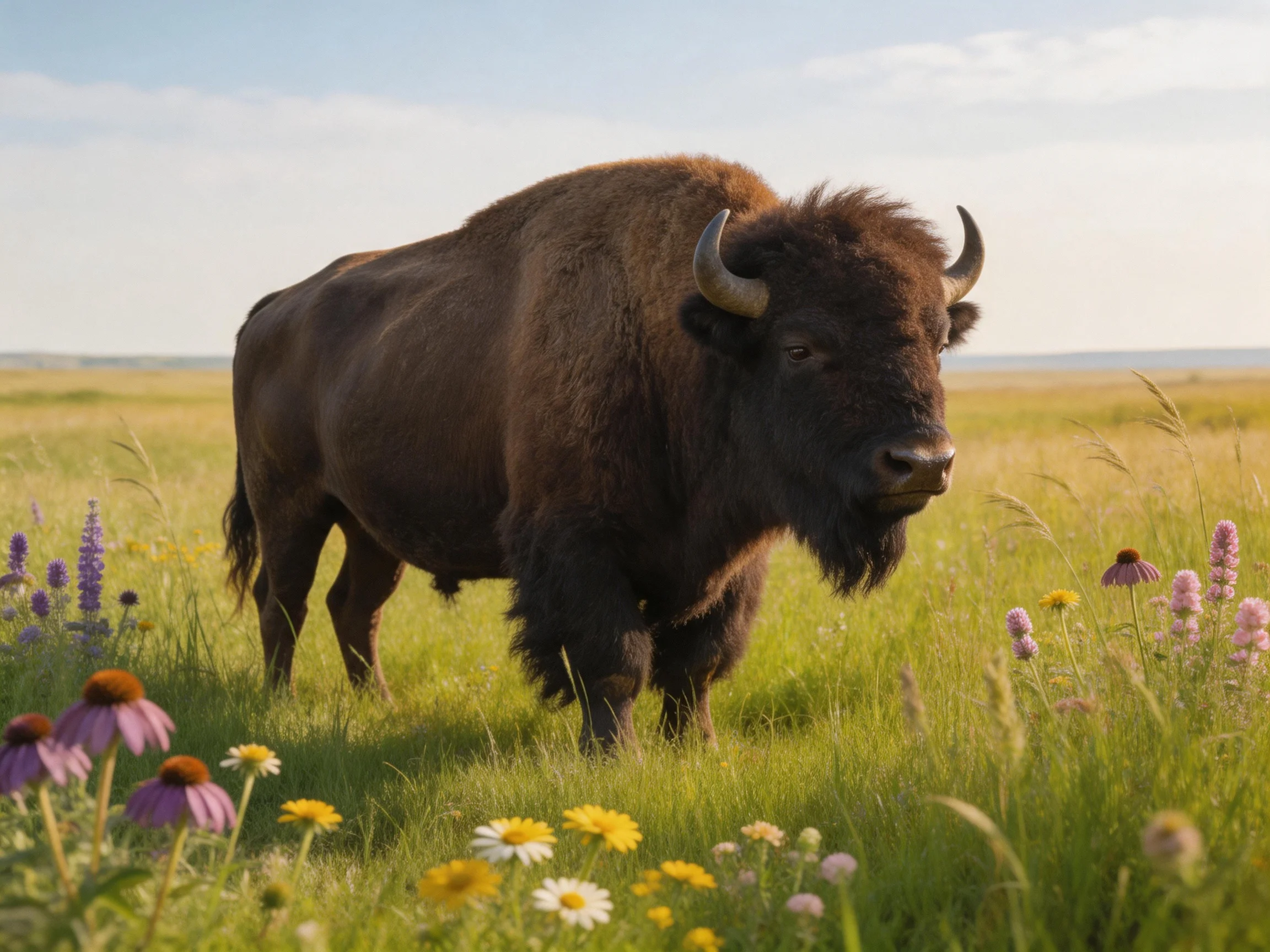 A robust brown bison amid colorful wildflowers in an open grassland