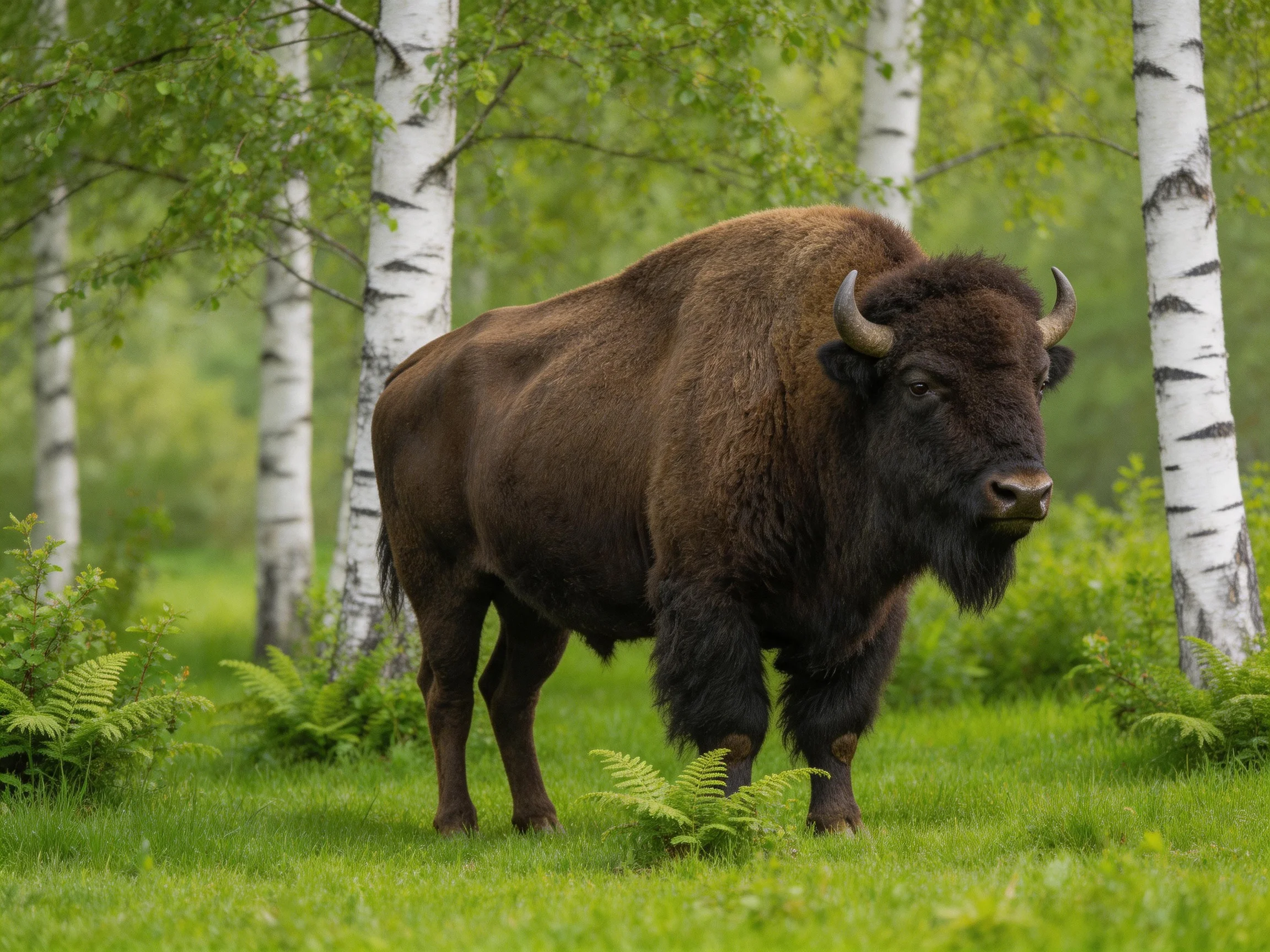 A robust brown bison amidst lush greenery and white-barked trees