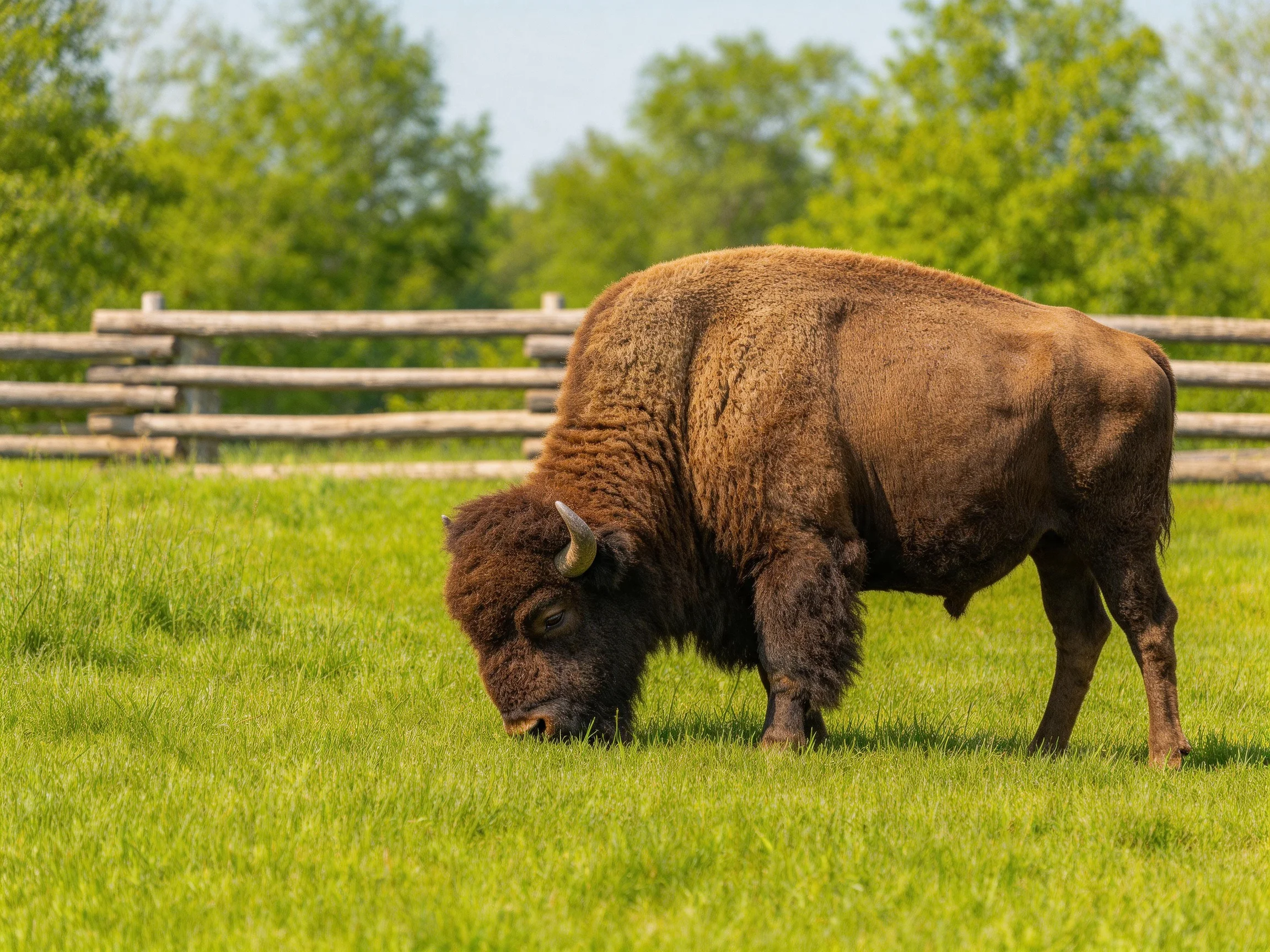 A robust brown bison grazes in a lush green pasture near a wooden fence