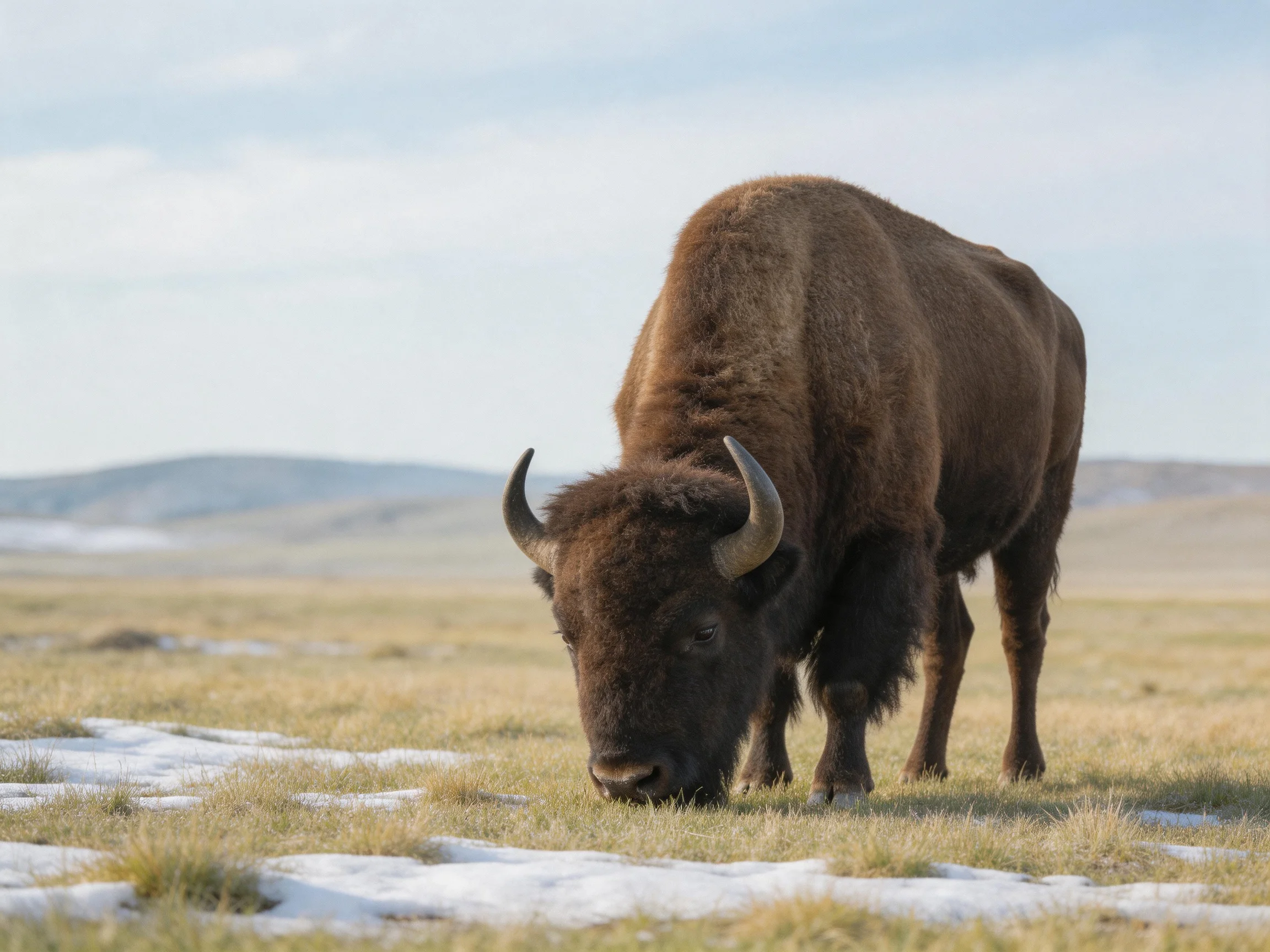 A robust brown bison grazes in an open field with scattered snow patches