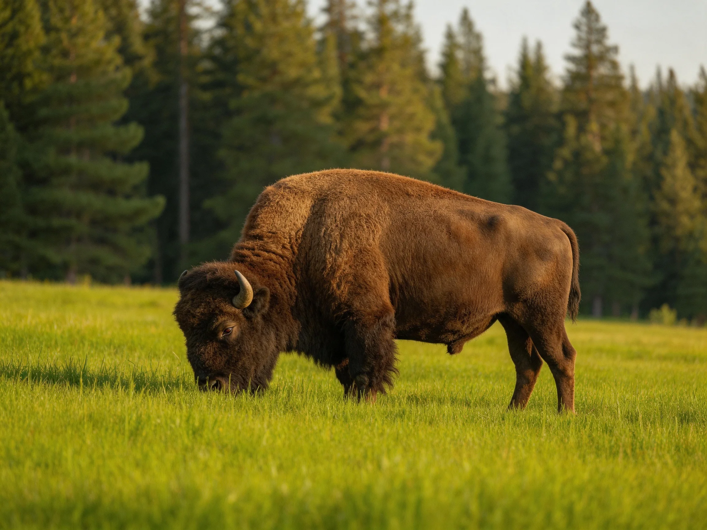 A robust brown bison grazing in a lush green meadow near tall evergreen trees