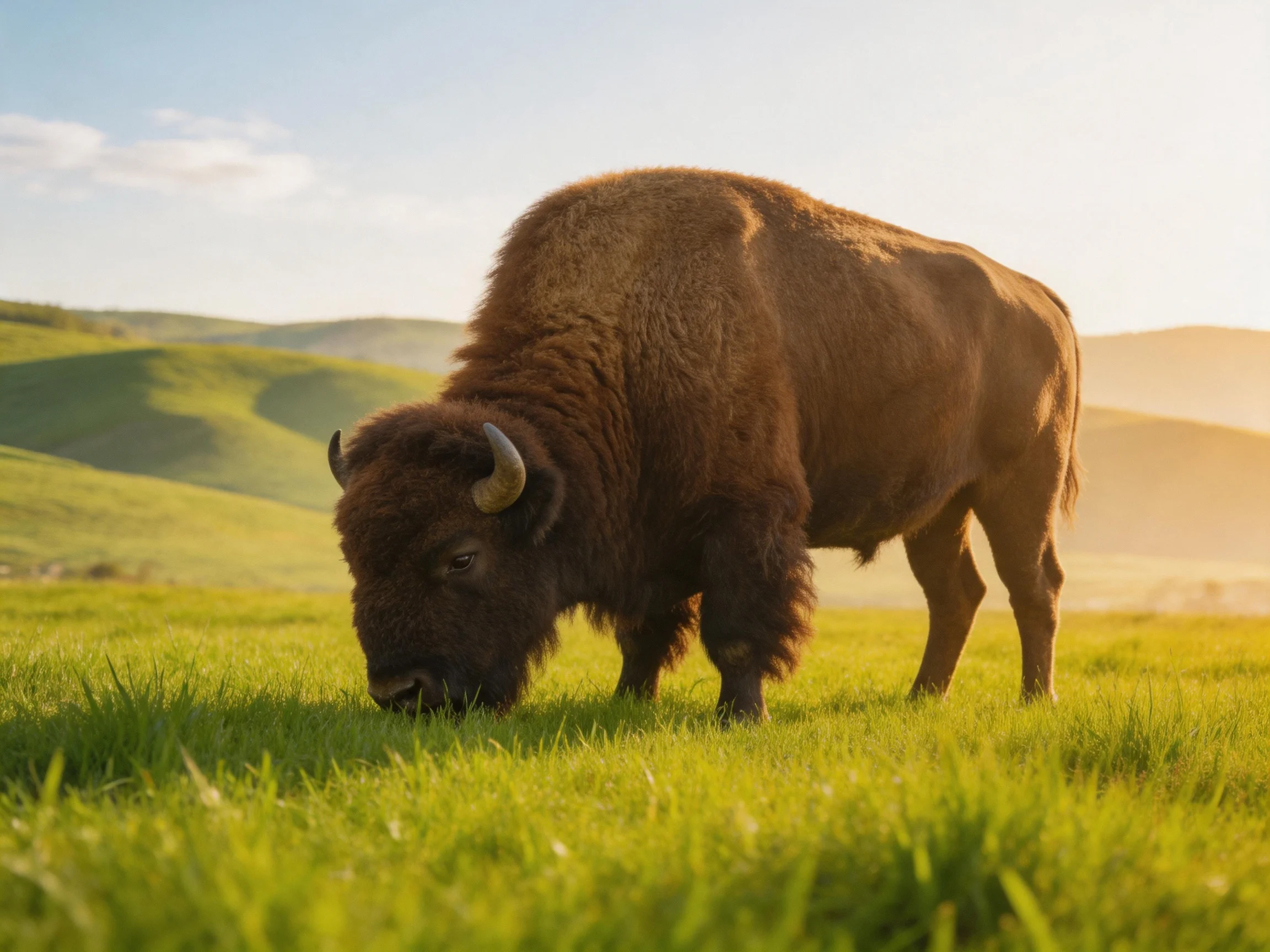 A robust brown bison grazing in a sunlit green meadow