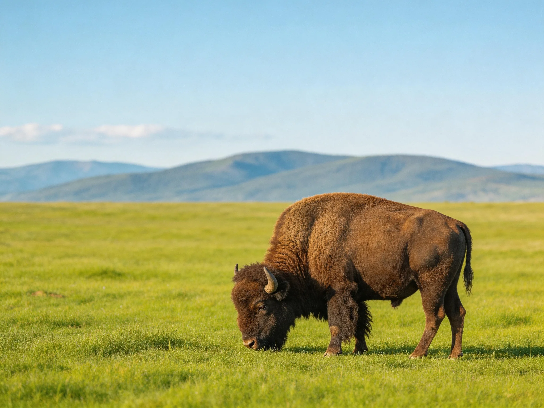 A robust brown bison grazing in a vast green meadow near distant mountains