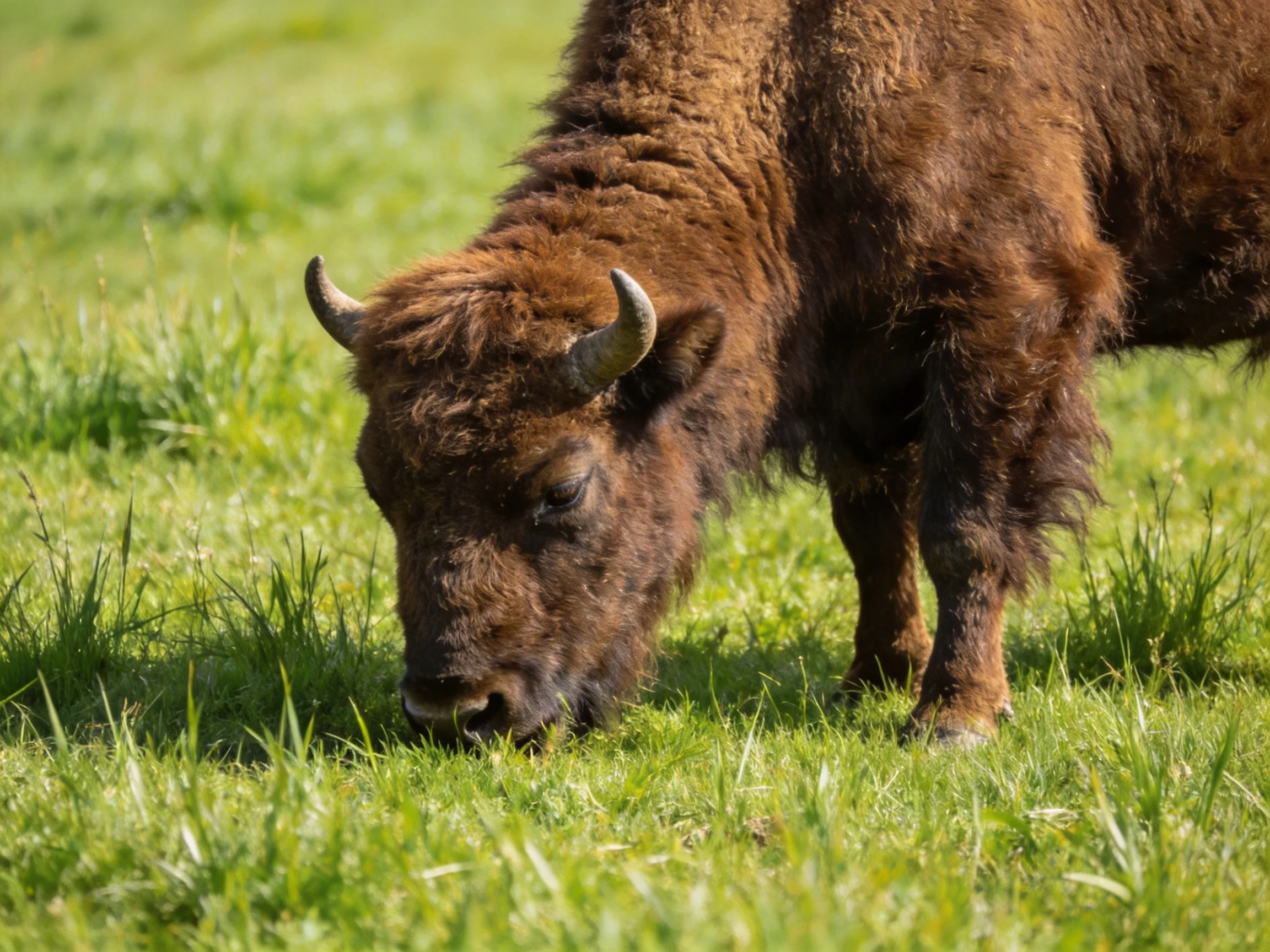 A robust brown bison grazing in lush green meadow grass